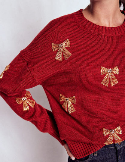 Natalie Embroidered Jumper-Red, Embellished Bows-3