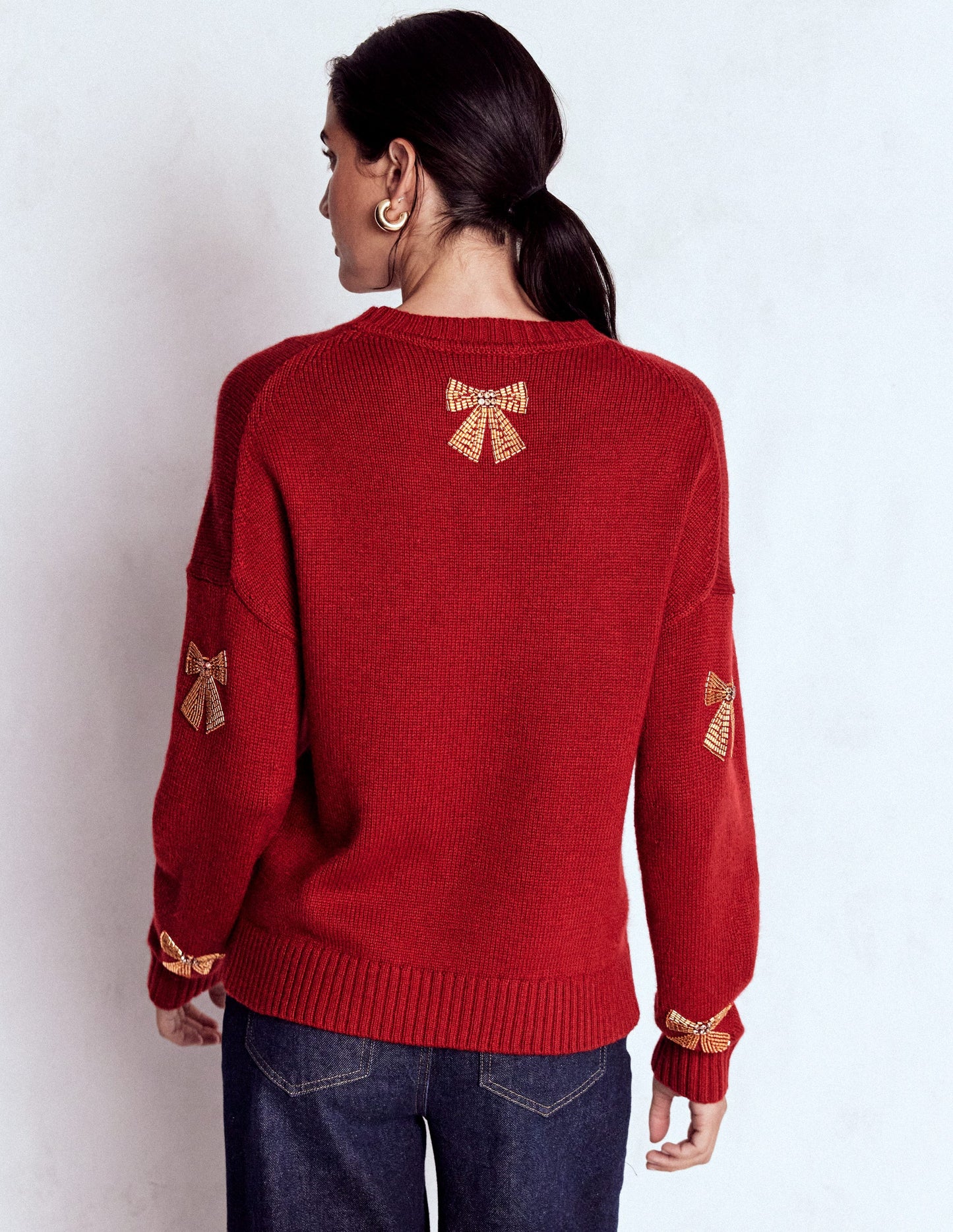 Natalie Embroidered Jumper-Red, Embellished Bows