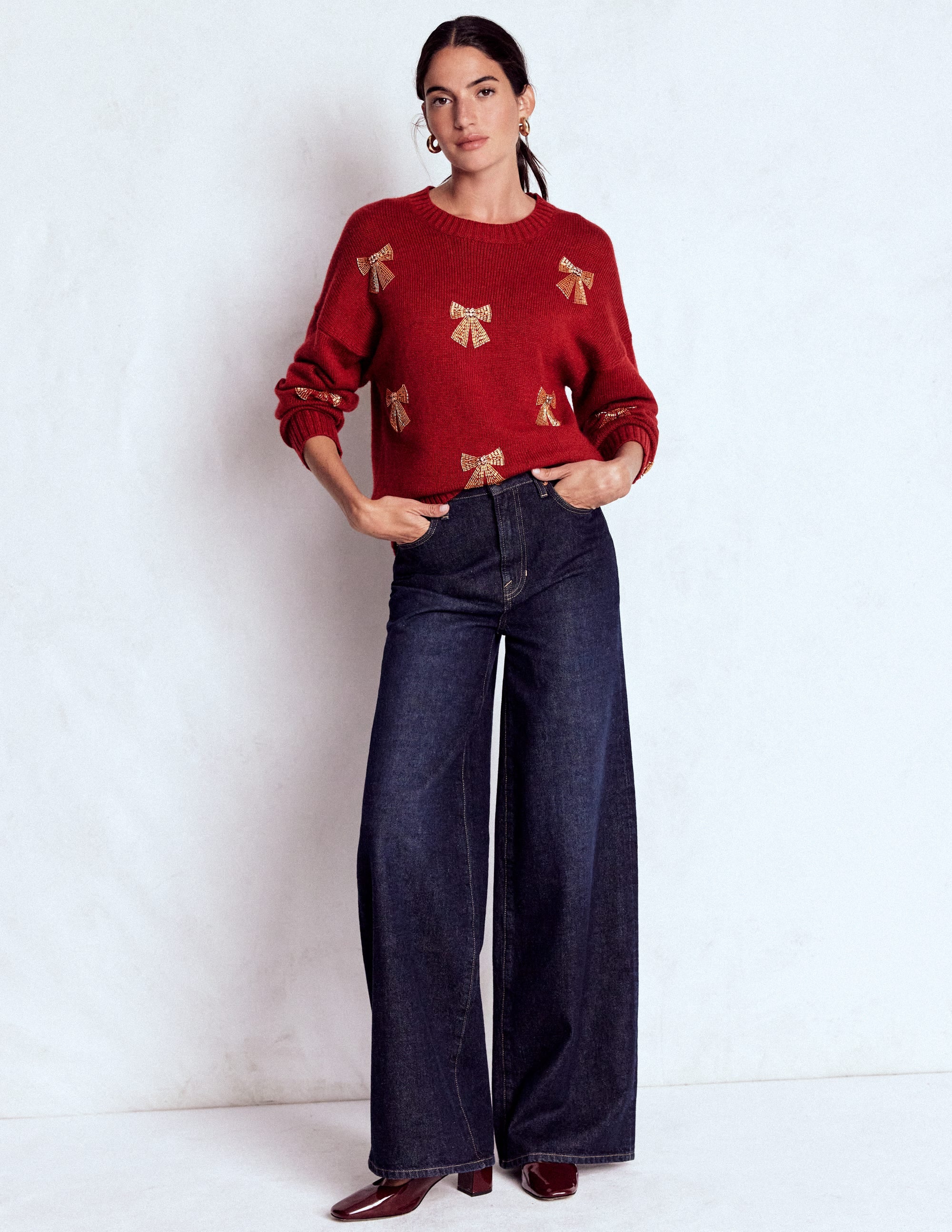 Natalie Embroidered Jumper-Red, Embellished Bows - Image 5