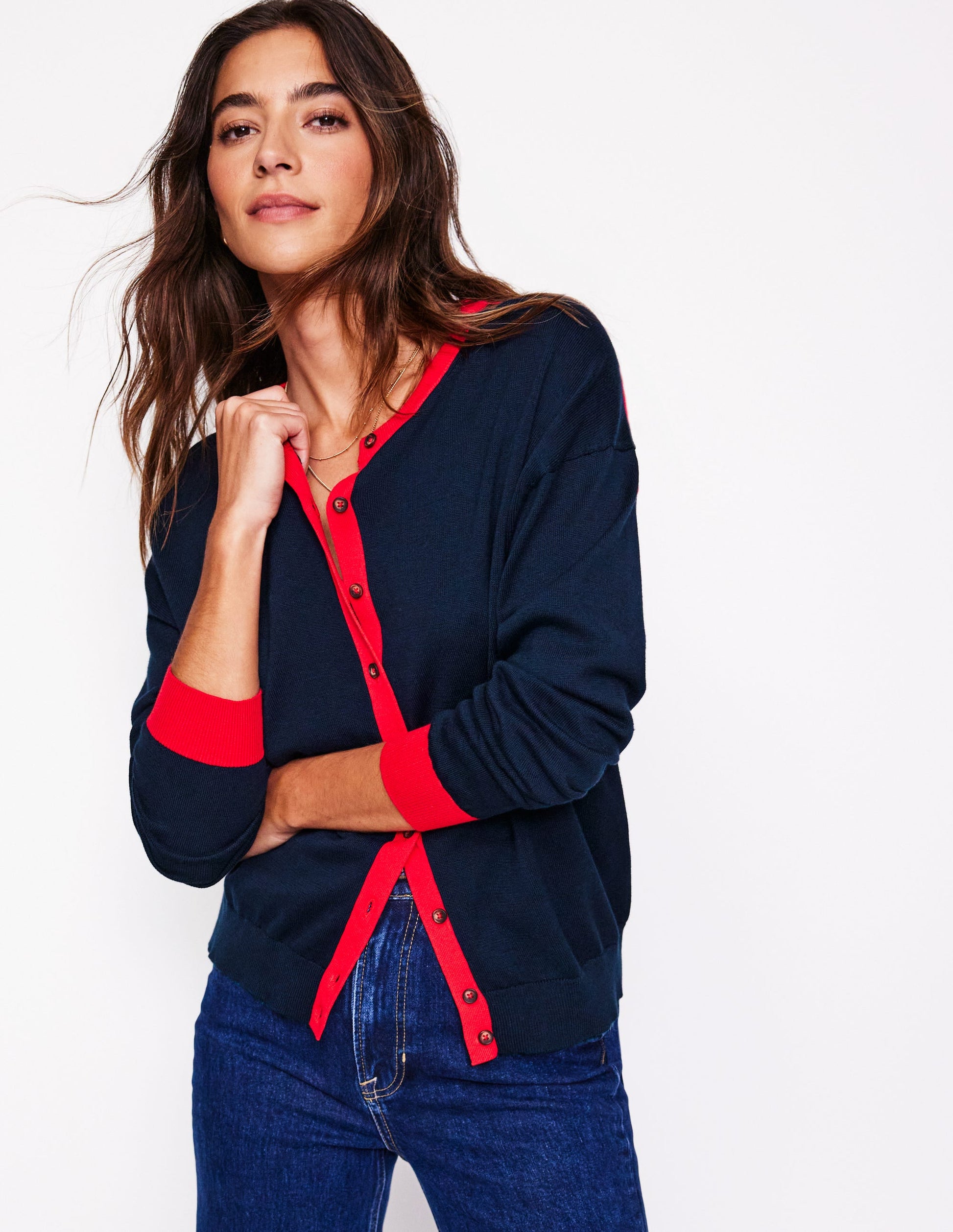 Lara Relaxed Cotton Cardigan-Navy, Poppy Red-1