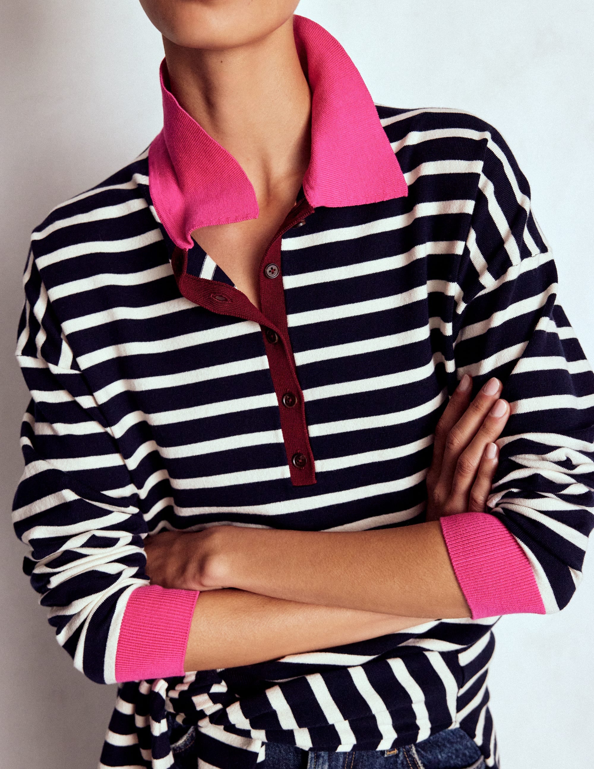 Lara Cotton Henley Jumper-Navy Stripe - Image 2