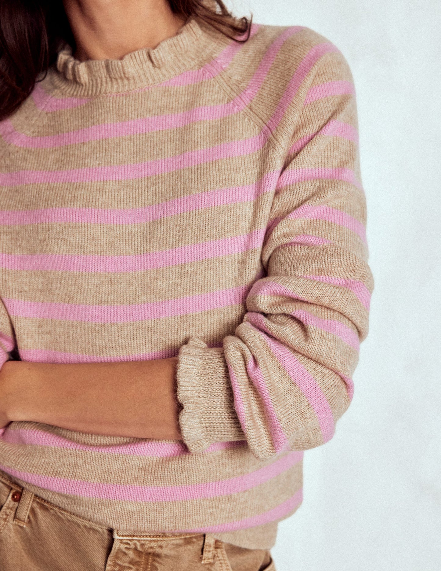 Fae Fair Isle Frilled Jumper-Camel, Pink Stripe