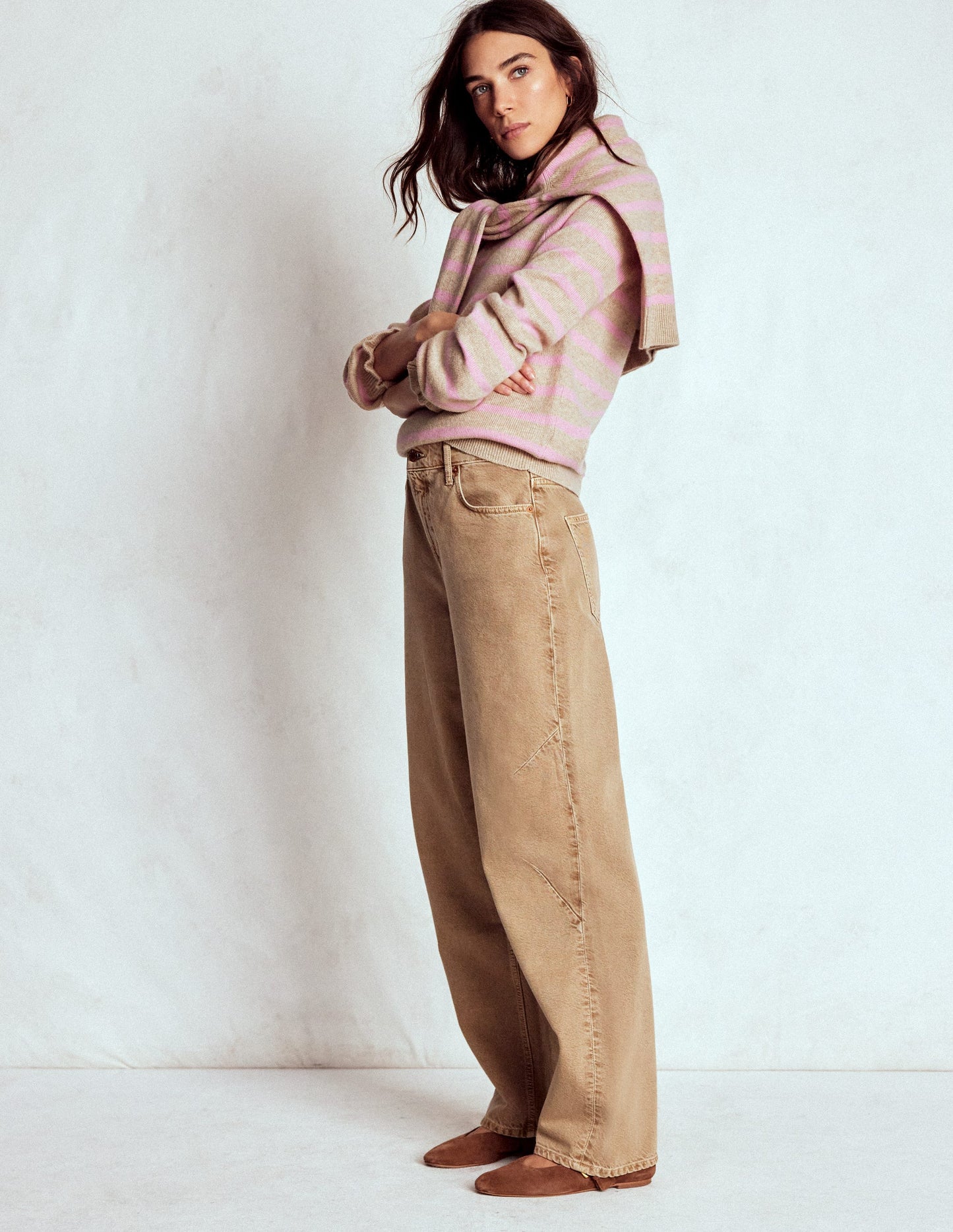 Fae Fair Isle Frilled Jumper-Camel, Pink Stripe