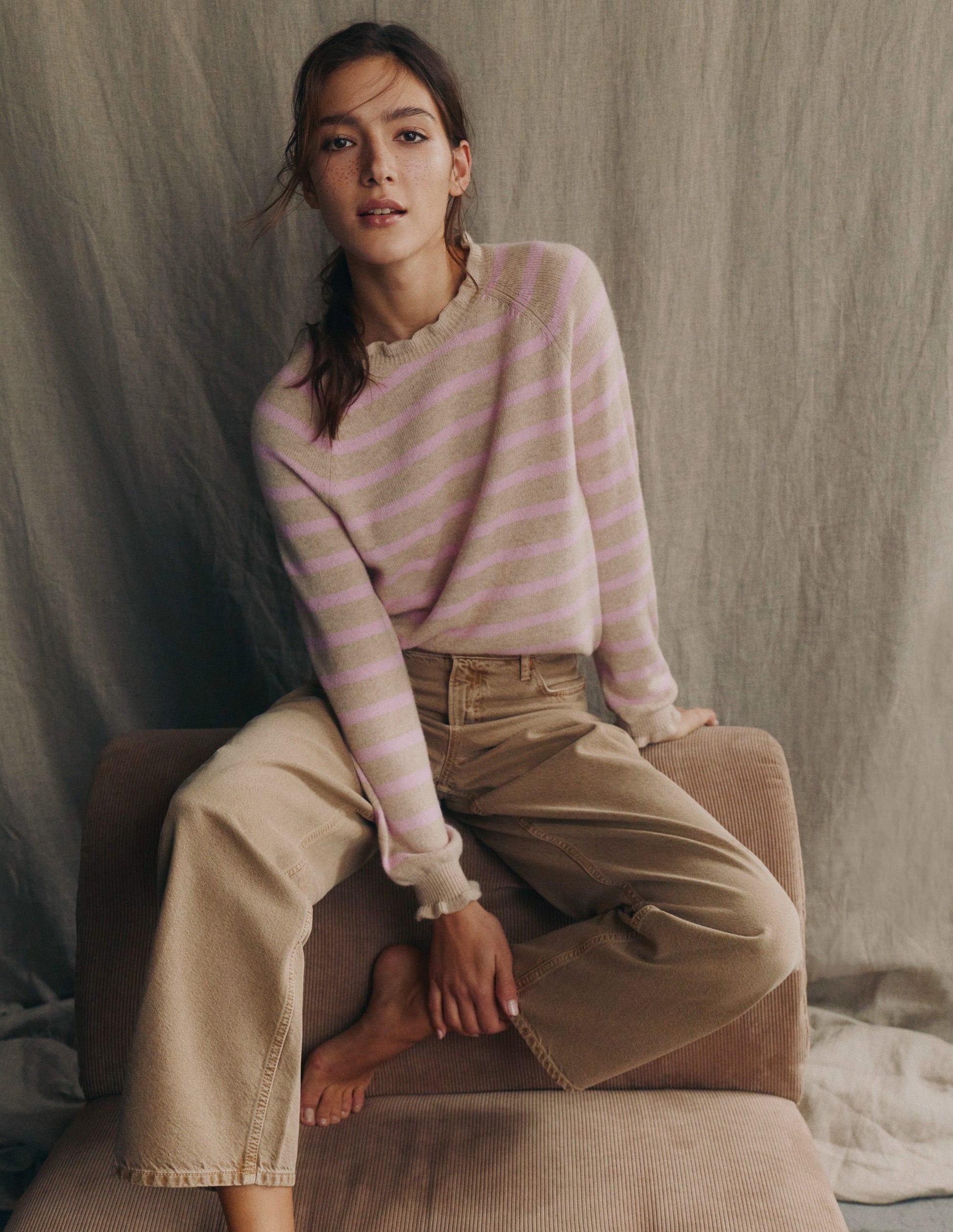 Fae Fair Isle Frilled Jumper-Camel, Pink Stripe-7