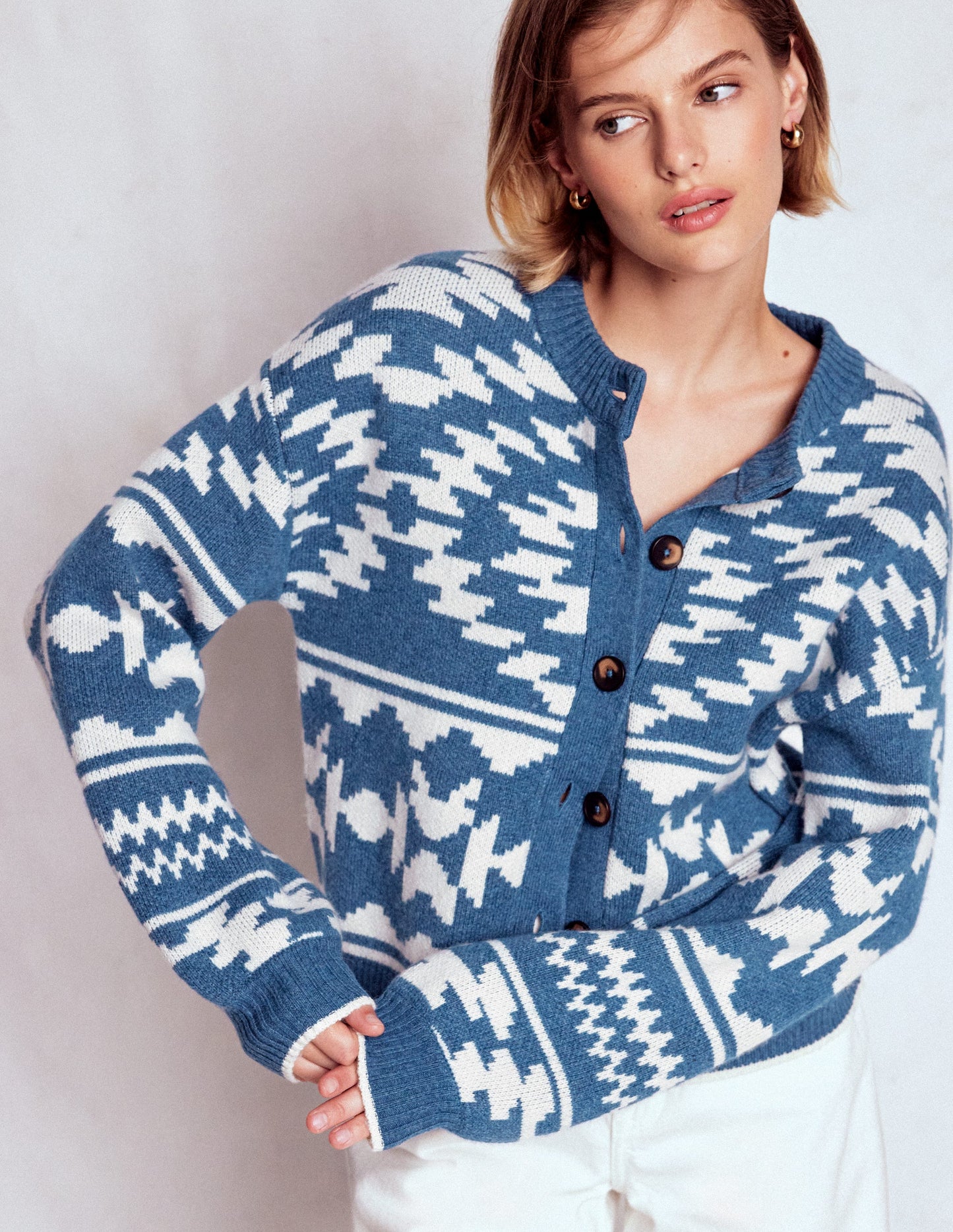 Abi Jacquard Cardigan-Denim Blue Aztec