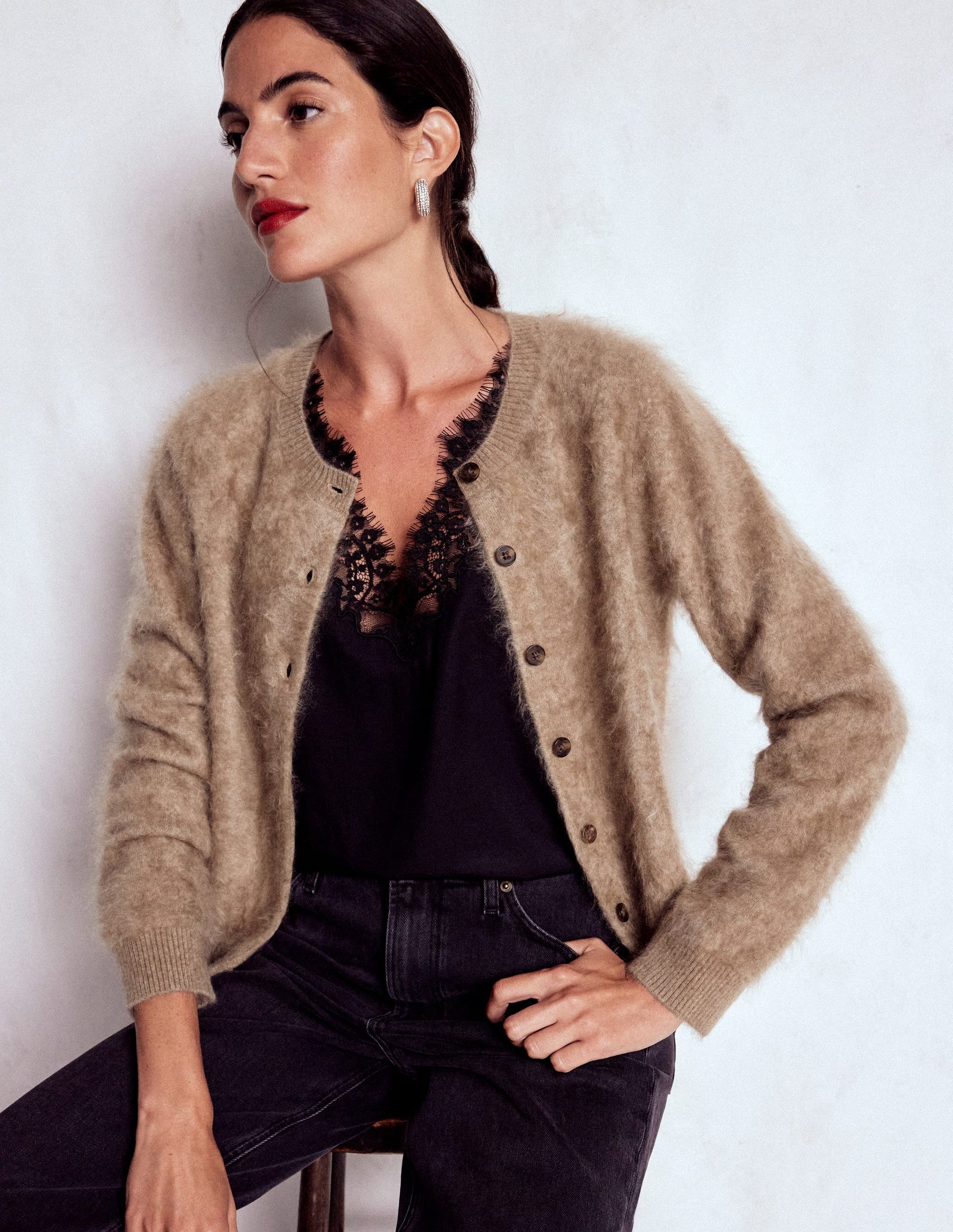 Brushed Crop Cashmere Cardigan-Dark Mink Melange-1