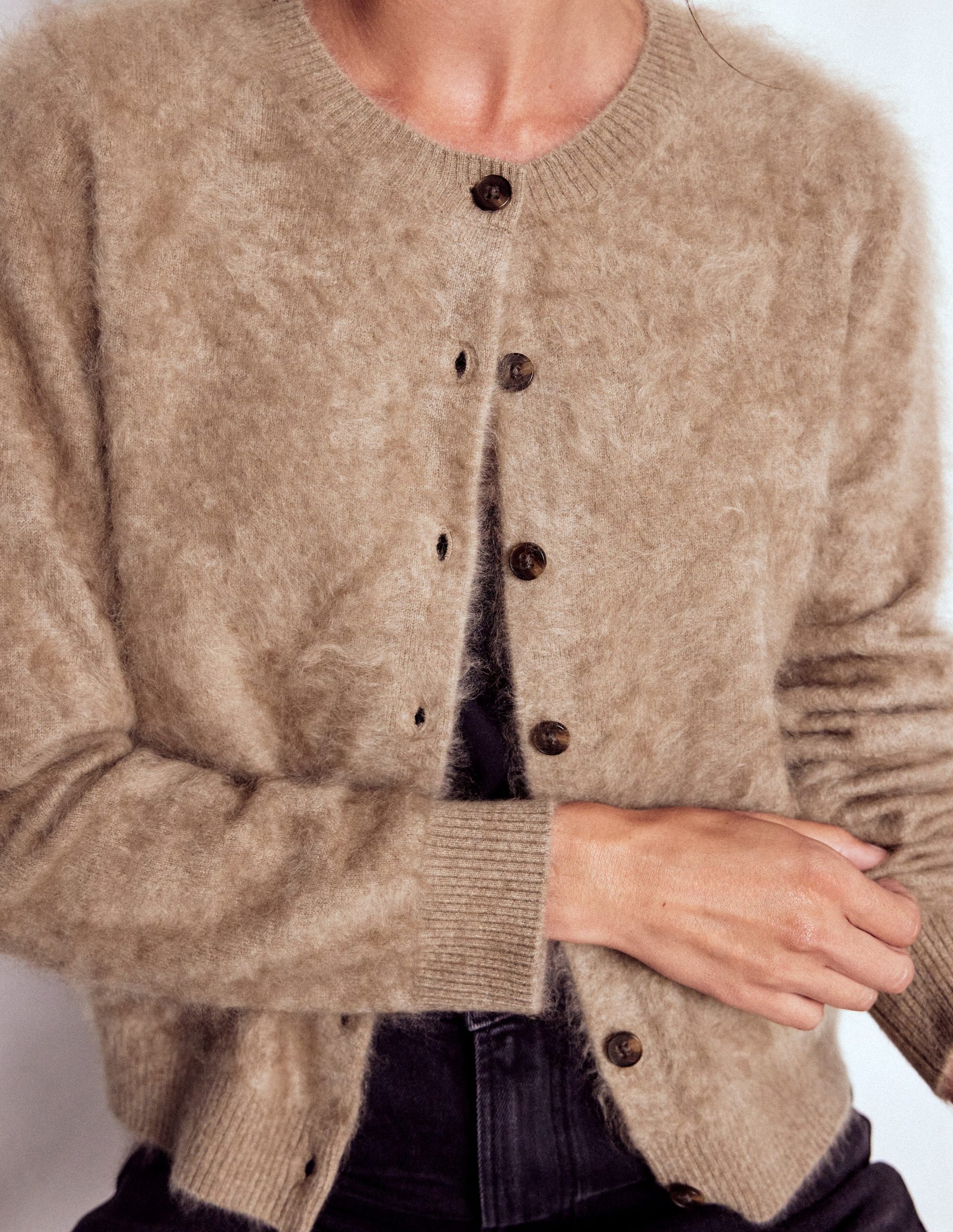 Brushed Crop Cashmere Cardigan-Dark Mink Melange-2