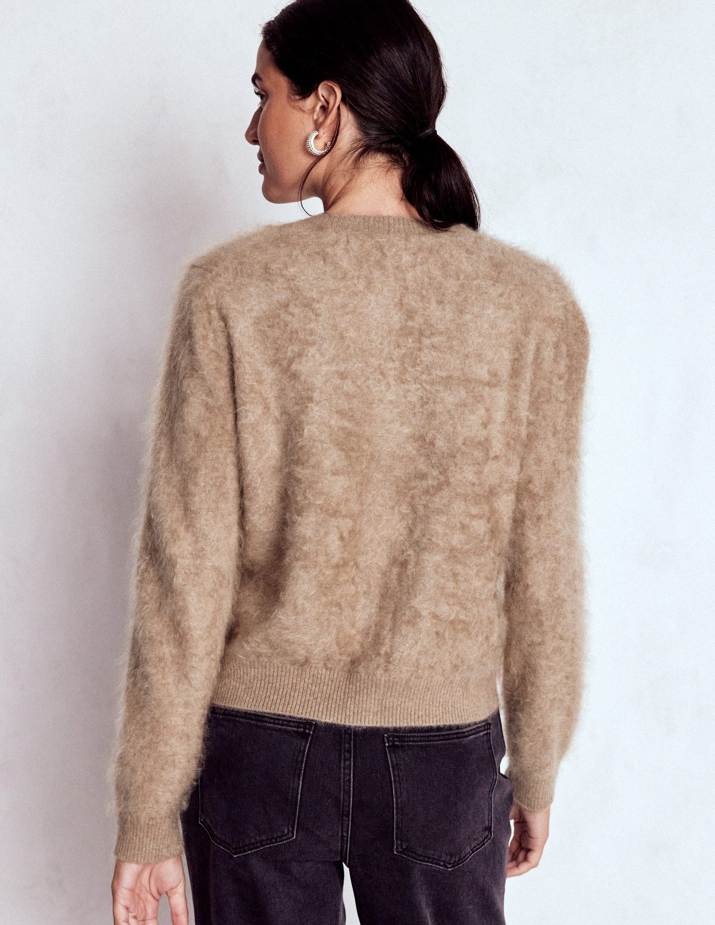 Brushed Crop Cashmere Cardigan-Dark Mink Melange