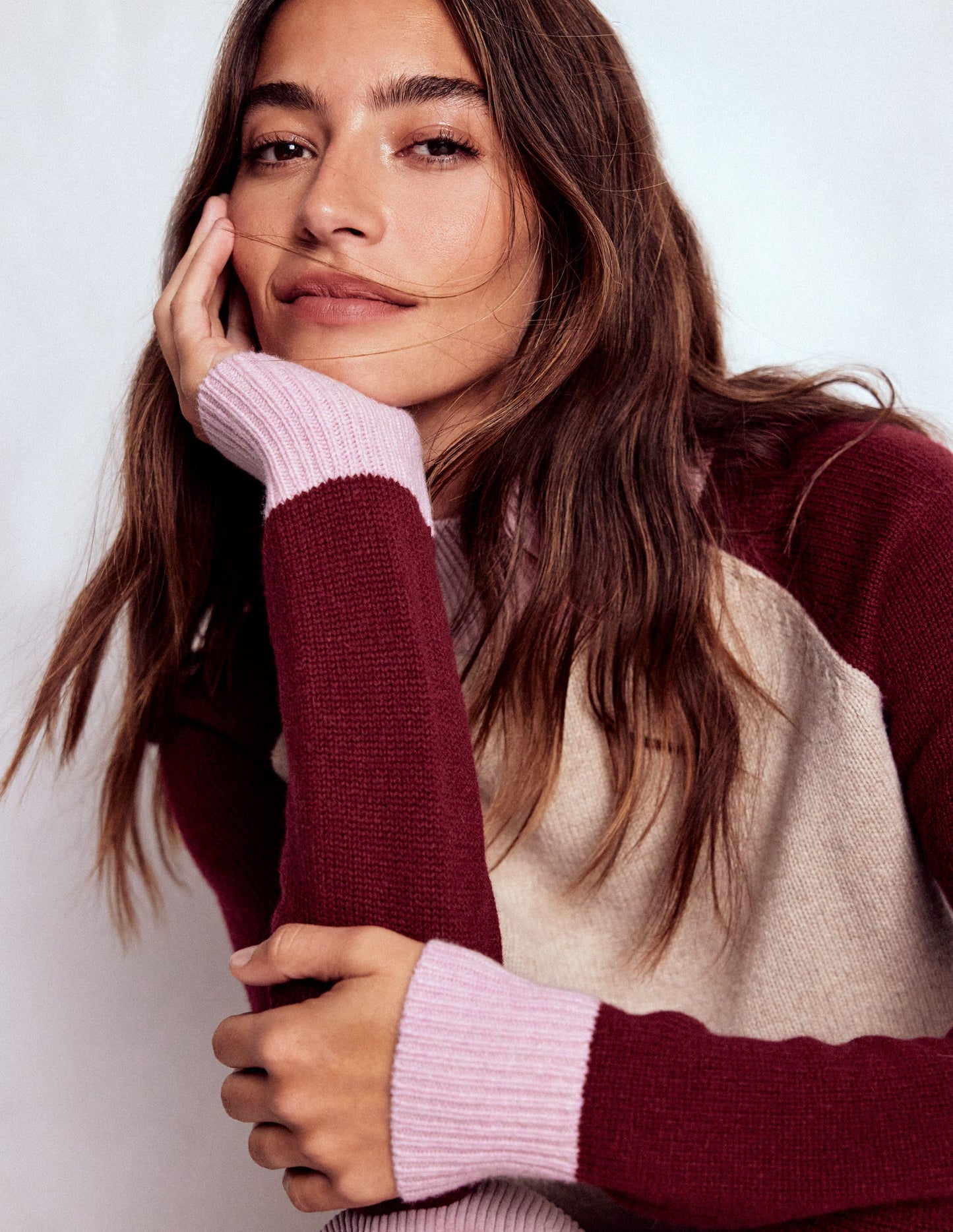 Marion Merino High Neck Jumper-Linen, Pinotage Colour Block