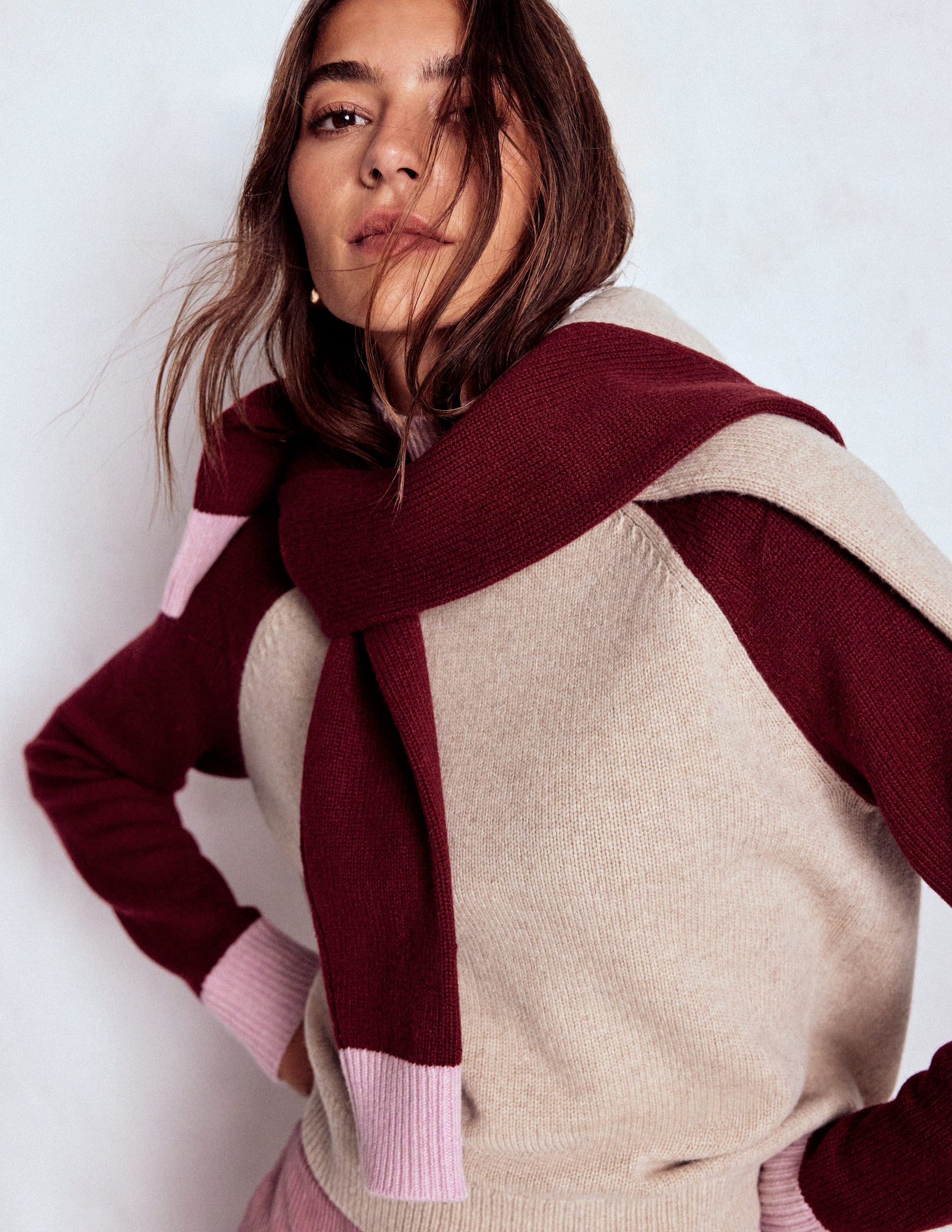Marion Merino High Neck Jumper-Linen, Pinotage Colour Block-2