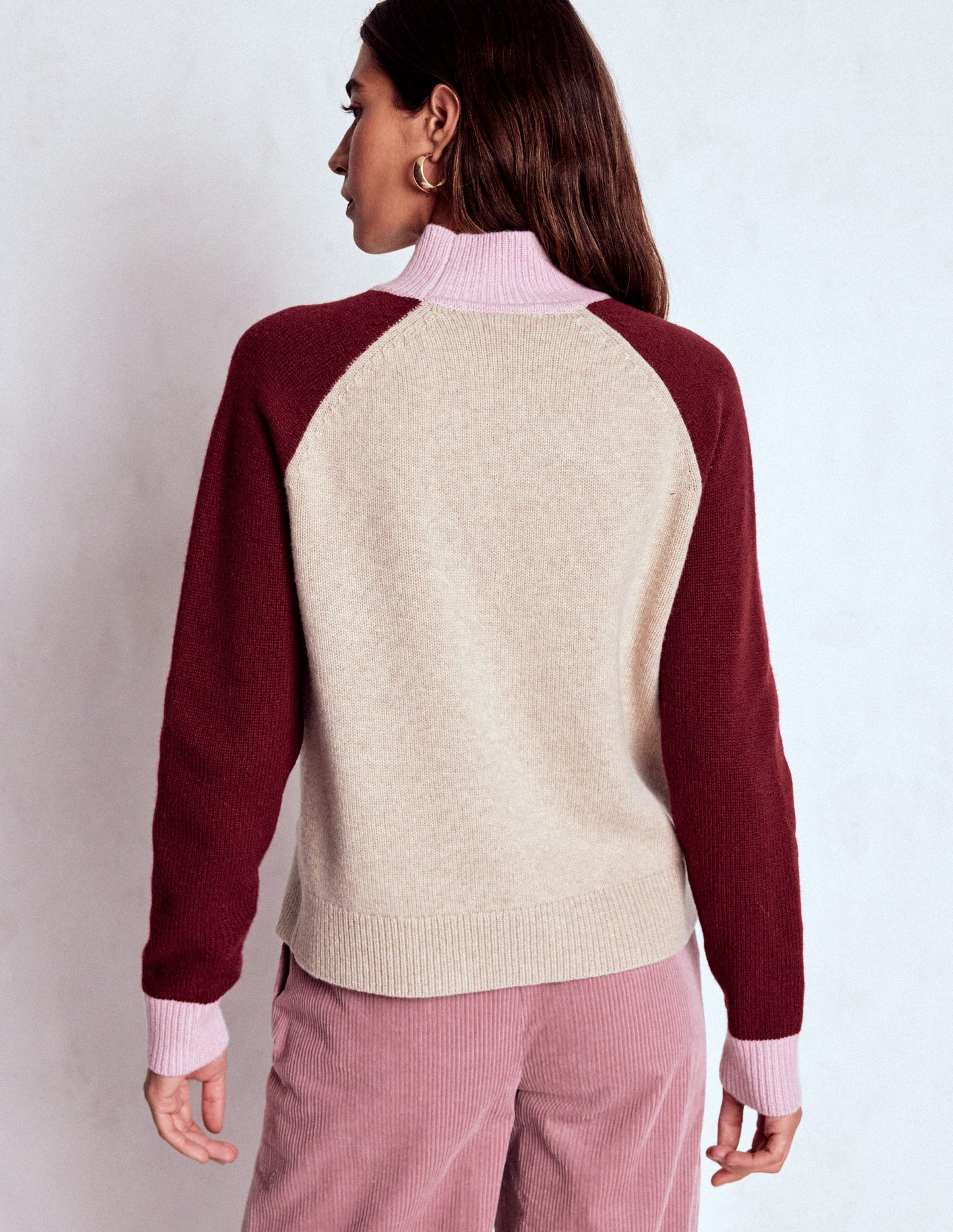 Marion Merino High Neck Jumper-Linen, Pinotage Colour Block