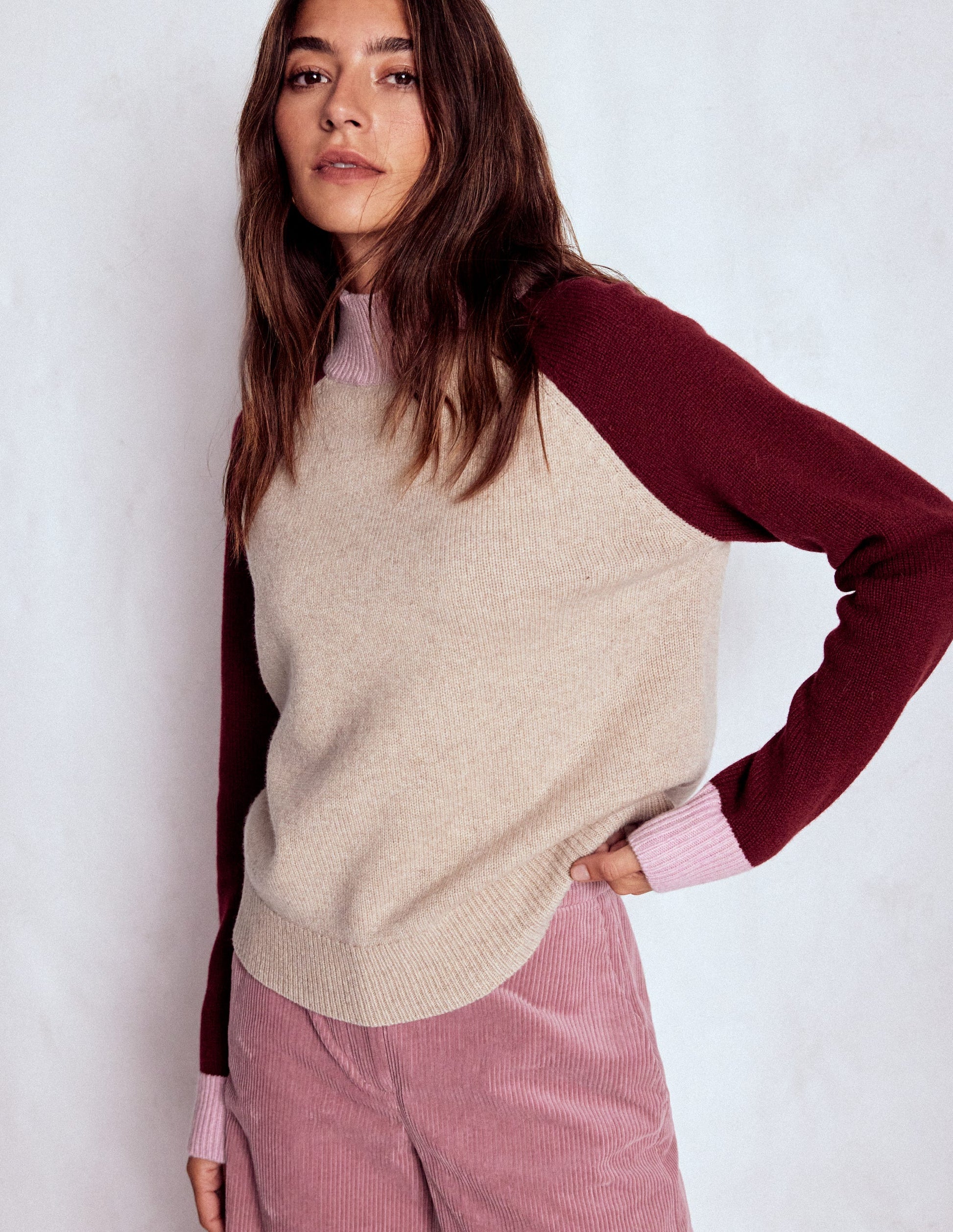 Marion Merino High Neck Jumper-Linen, Pinotage Colour Block-4