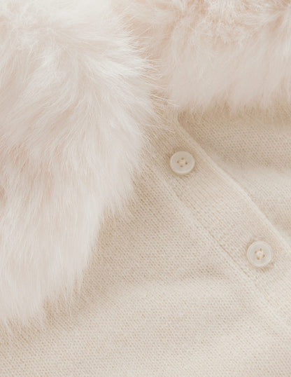 Fur Collar Cropped Cardigan-Warm Ivory-8