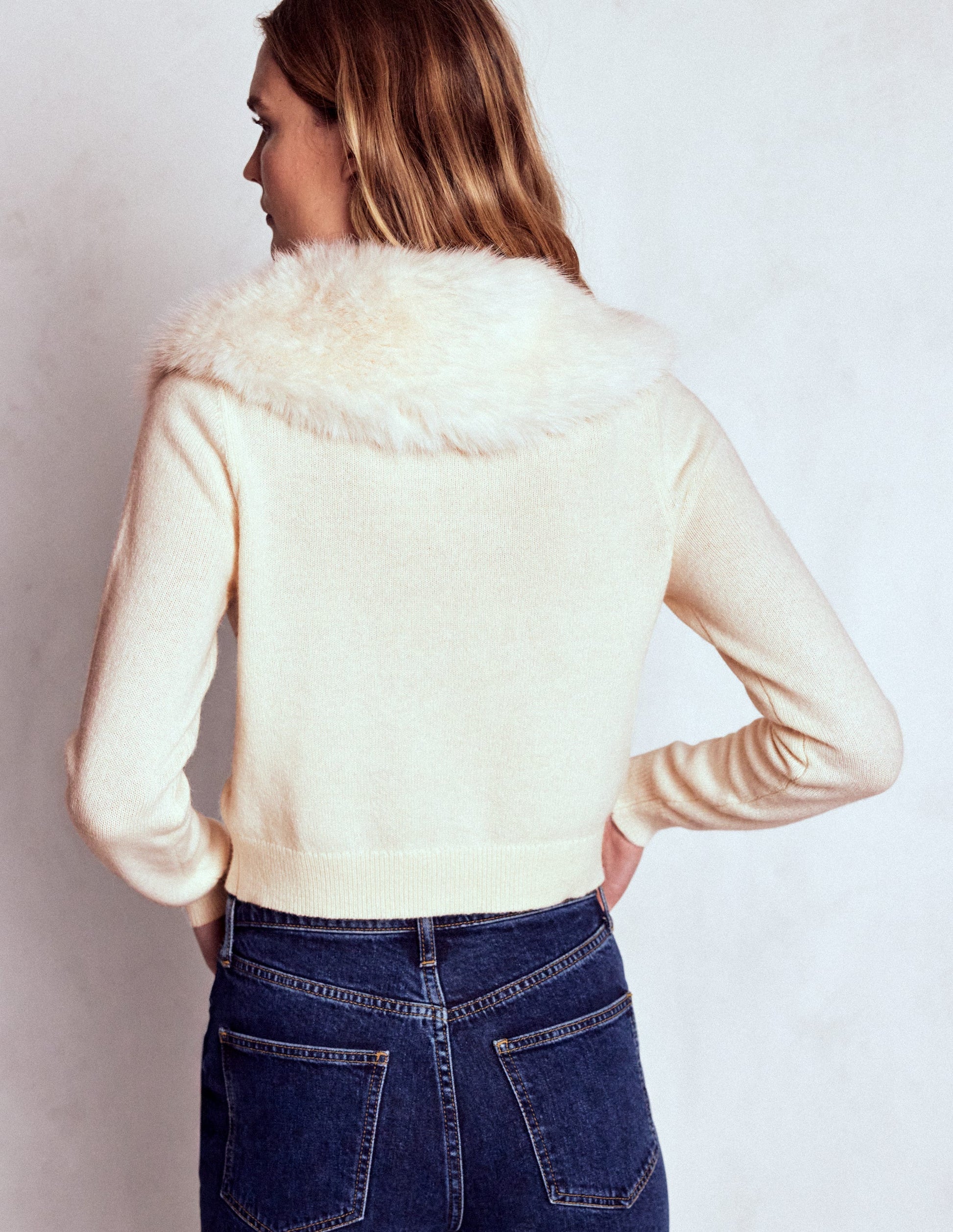 Fur Collar Cropped Cardigan-Warm Ivory-4