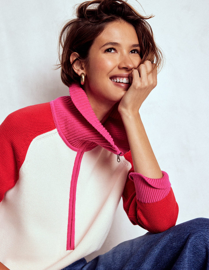 Lucy Half Zip Jumper-Warm Ivory, Red