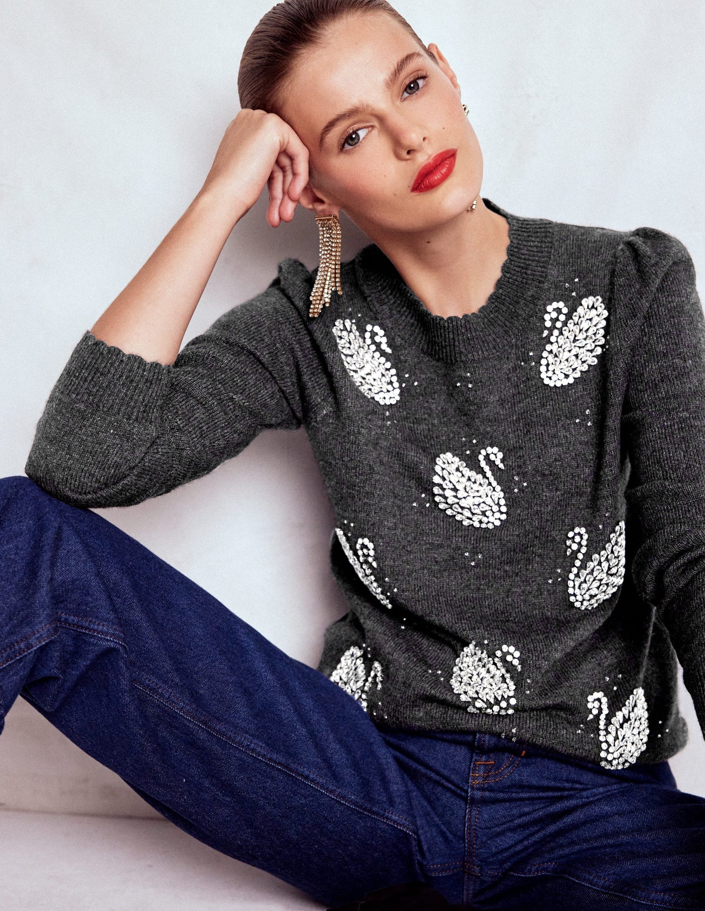 Elizabeth Embellished Jumper-Charcoal Melange Swans
