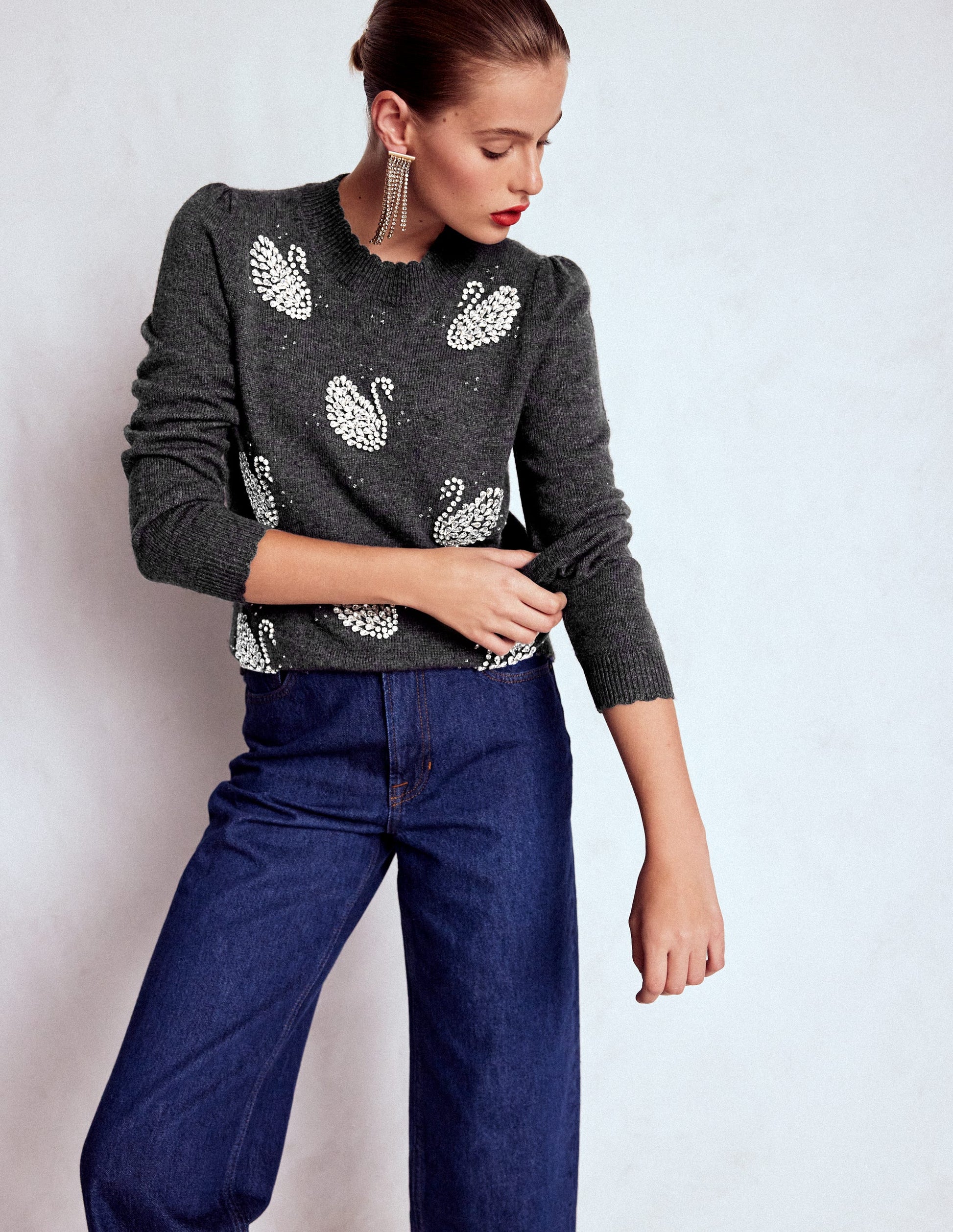 Elizabeth Embellished Jumper-Charcoal Melange Swans-5