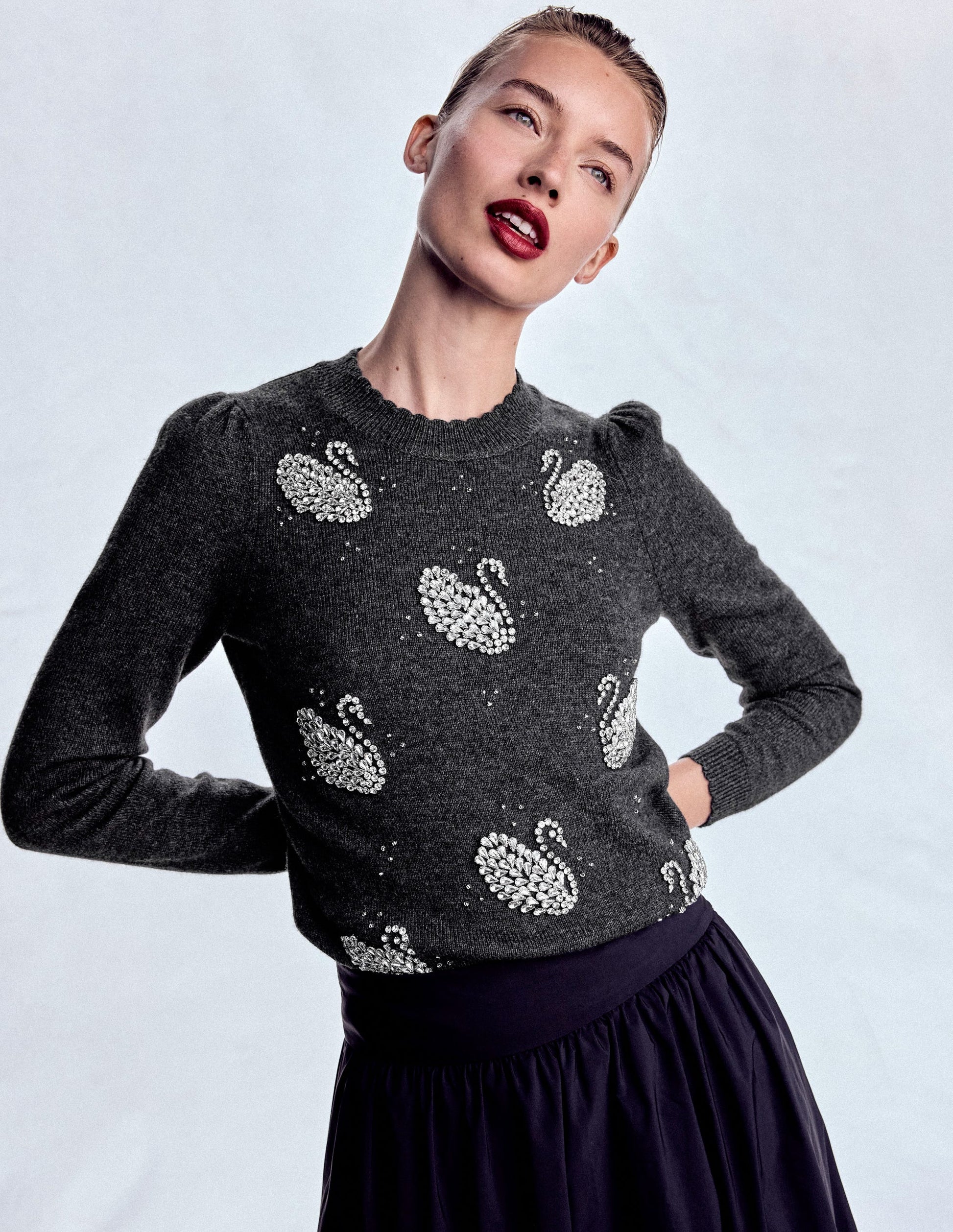 Elizabeth Embellished Jumper-Charcoal Melange Swans-1