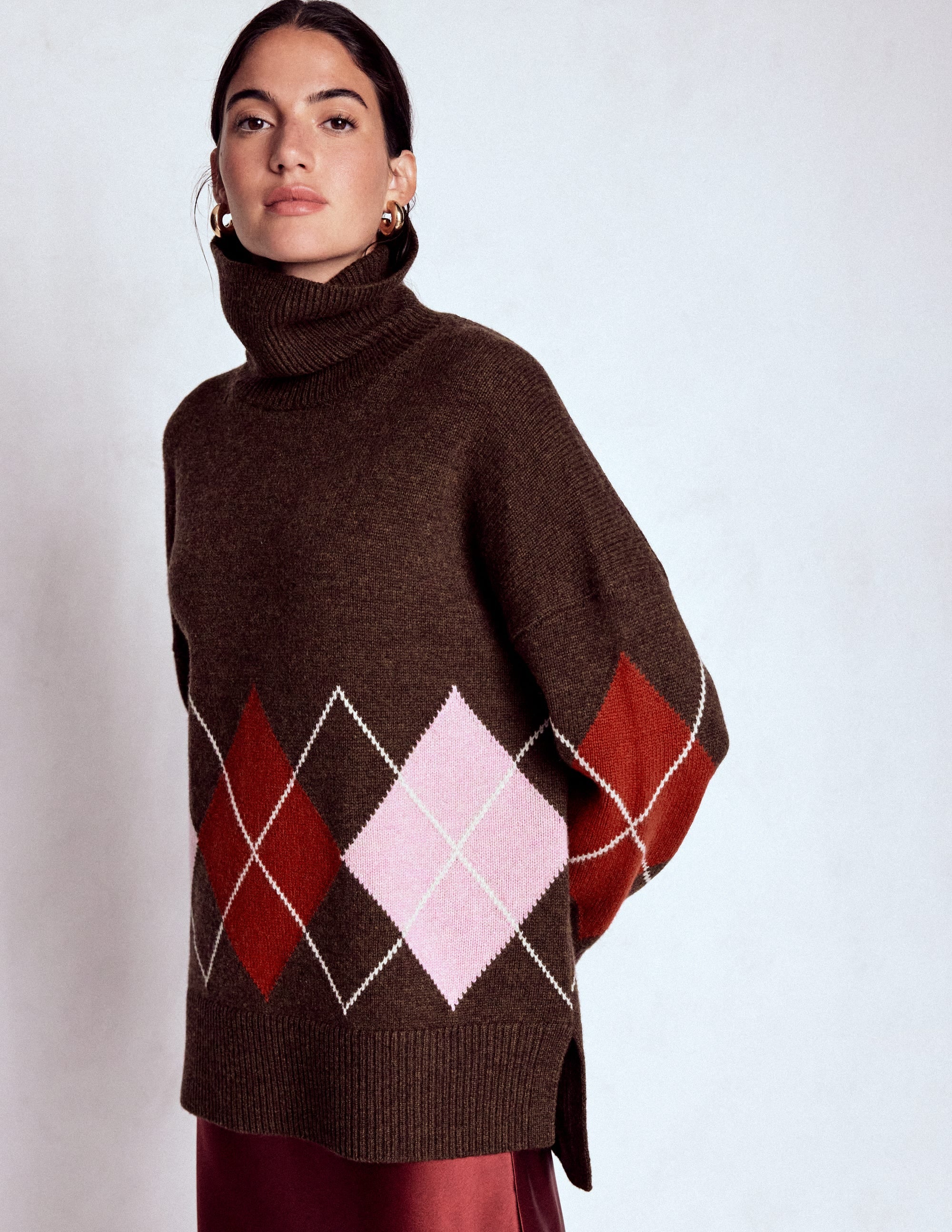 Polly Merino Roll Neck Jumper-Brown, Pink Argyle - Image 1