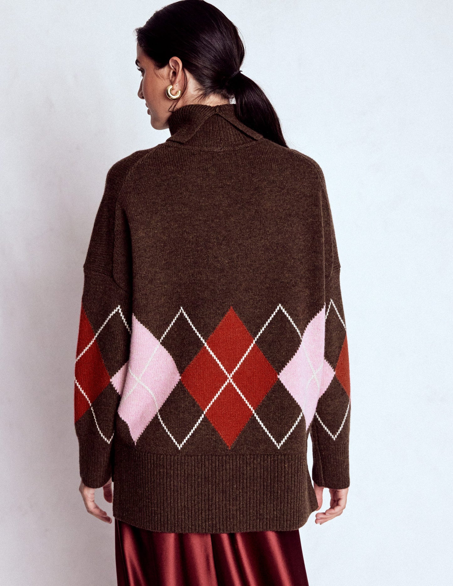 Polly Merino Roll Neck Jumper-Brown, Pink Argyle