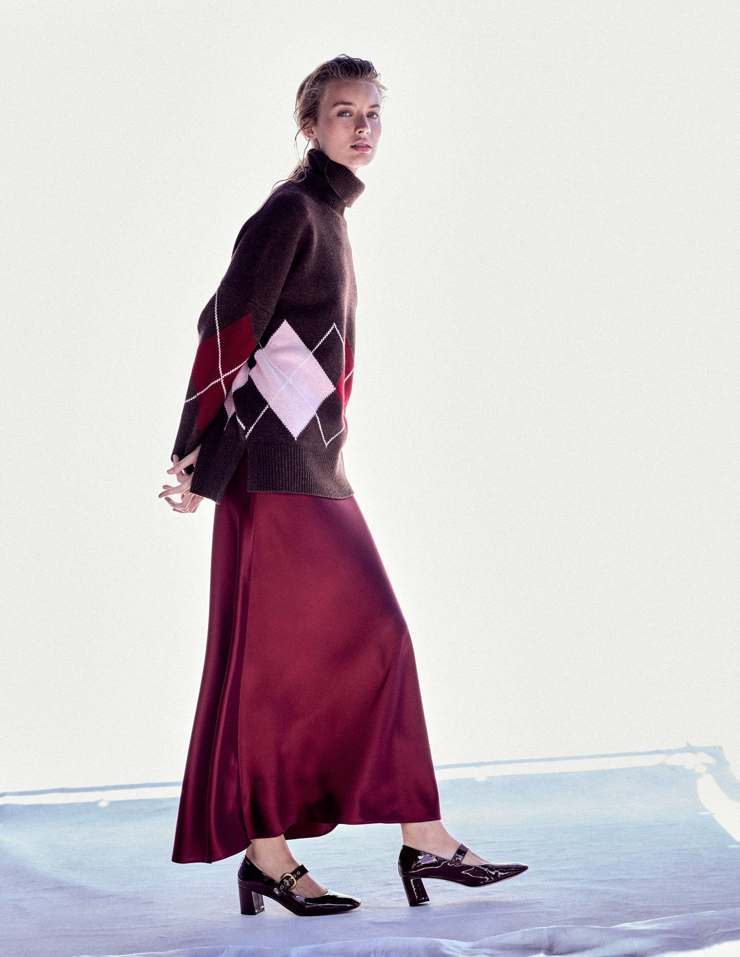 Polly Merino Roll Neck Jumper-Brown, Pink Argyle