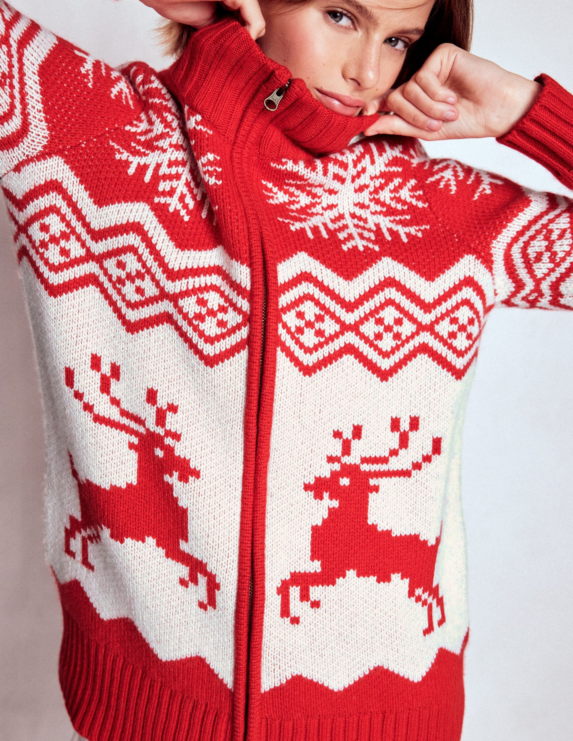 Zip Up Jacquard Cardigan-Poppy Red Reindeer-7