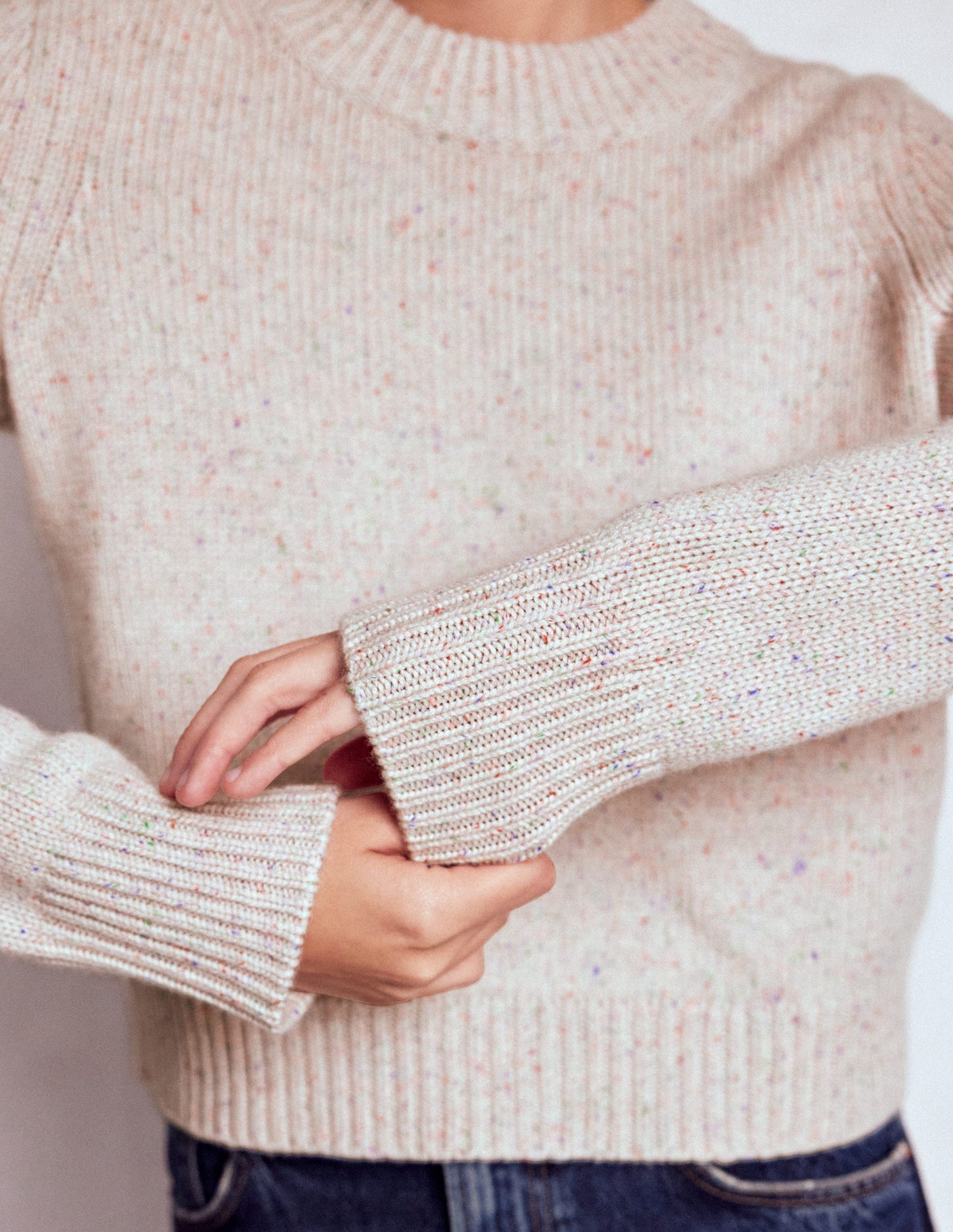 Chunky Crop Cashmere Jumper-Ivory, Multi Neps