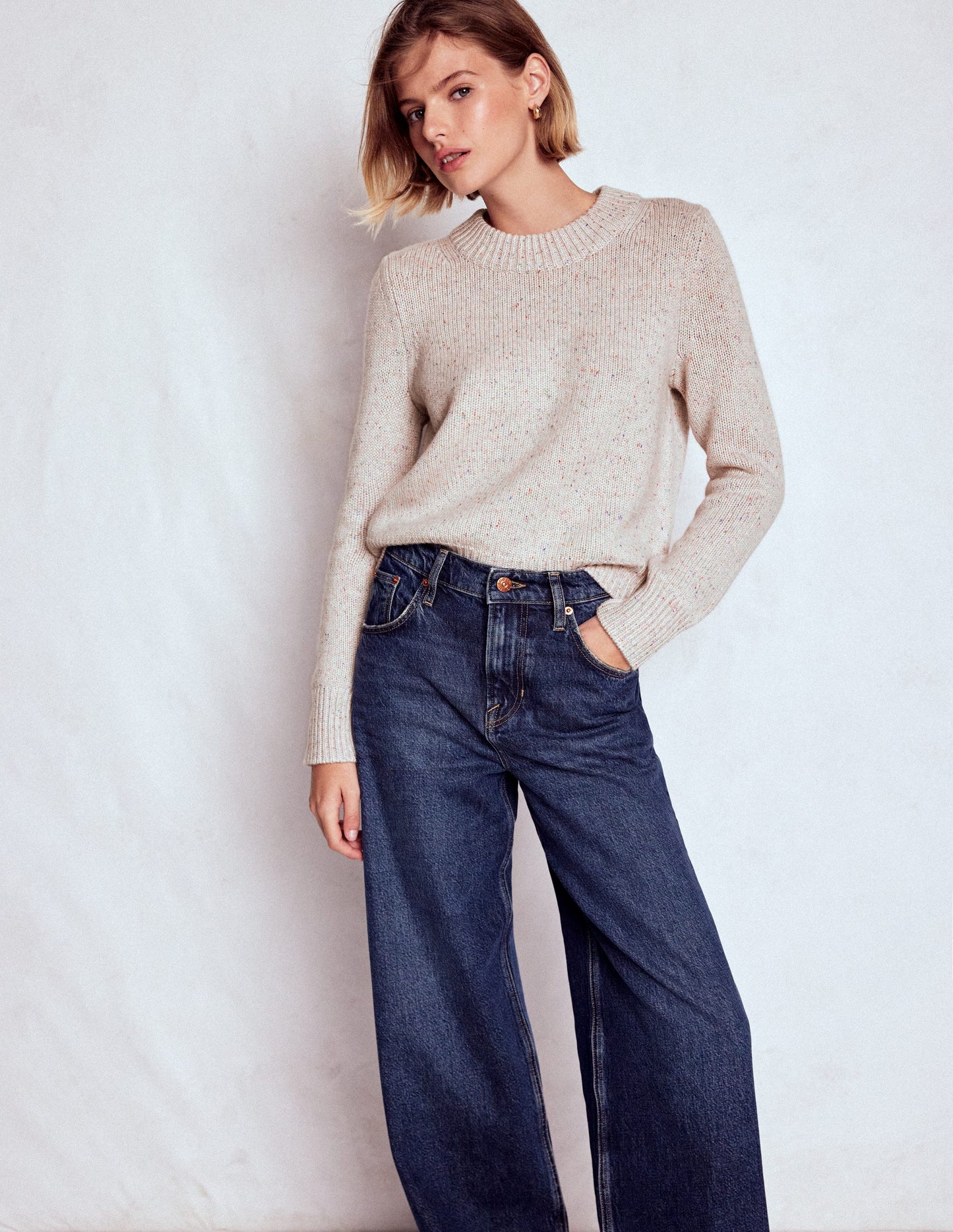 Chunky Crop Cashmere Jumper-Ivory, Multi Neps