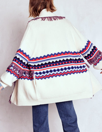 Fringed Jacquard Cardigan-Warm Ivory Melange-4
