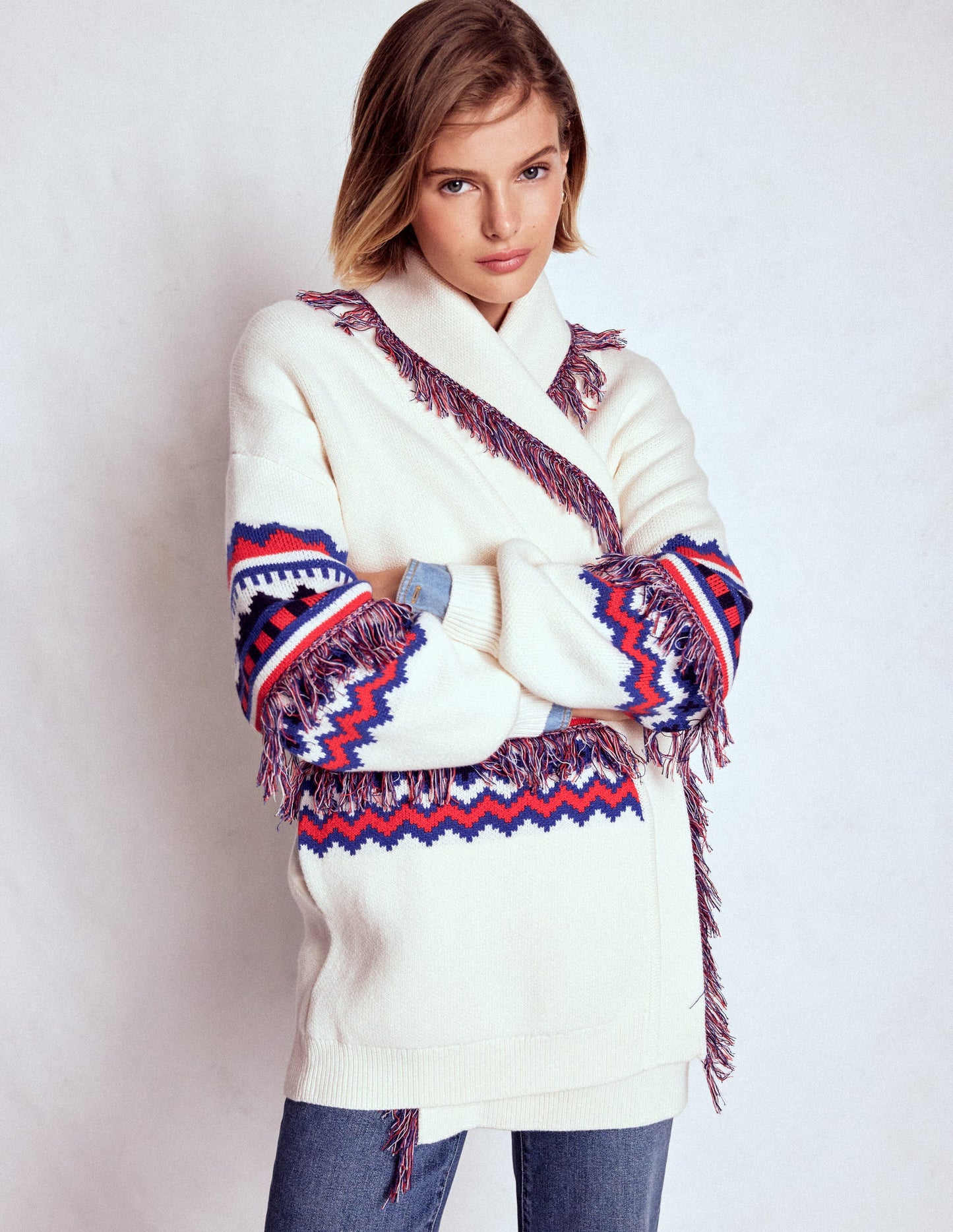 Fringed Jacquard Cardigan-Warm Ivory Melange