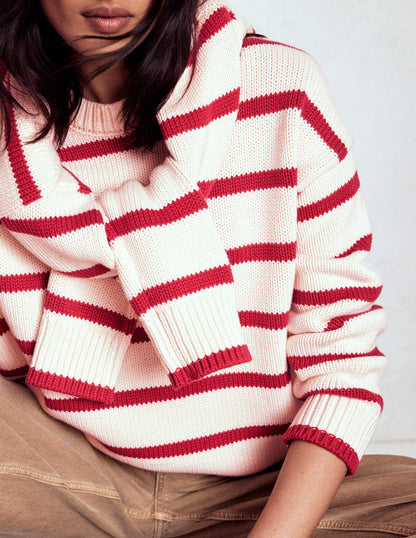 Lucy Oversized Cotton Jumper-Ivory, Red Stripe-4