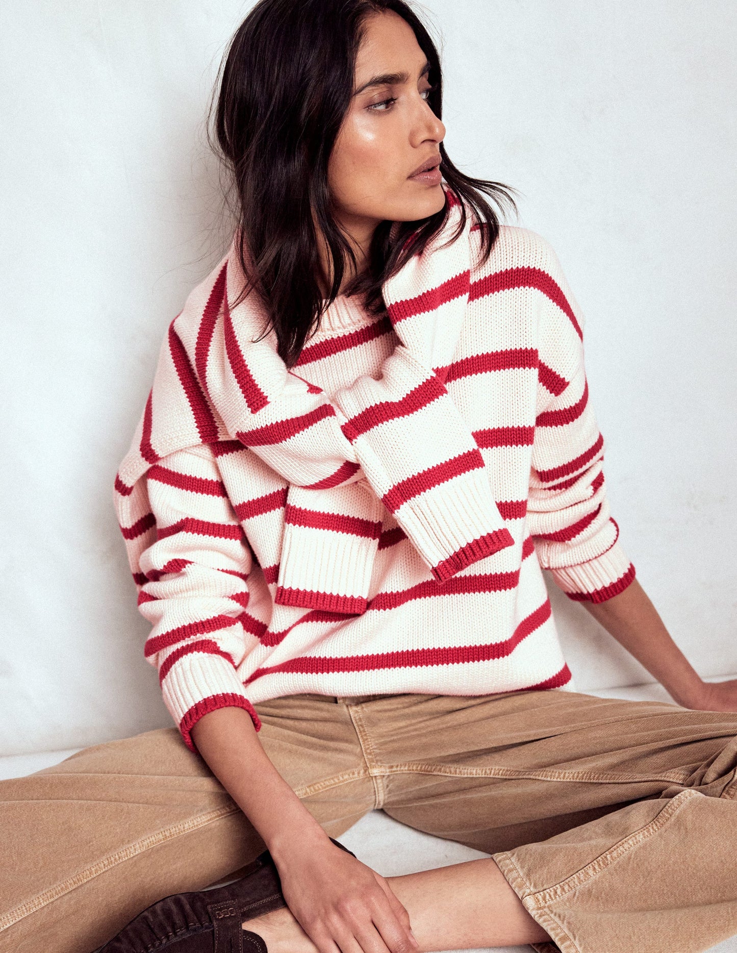 Lucy Oversized Cotton Jumper-Ivory, Red Stripe