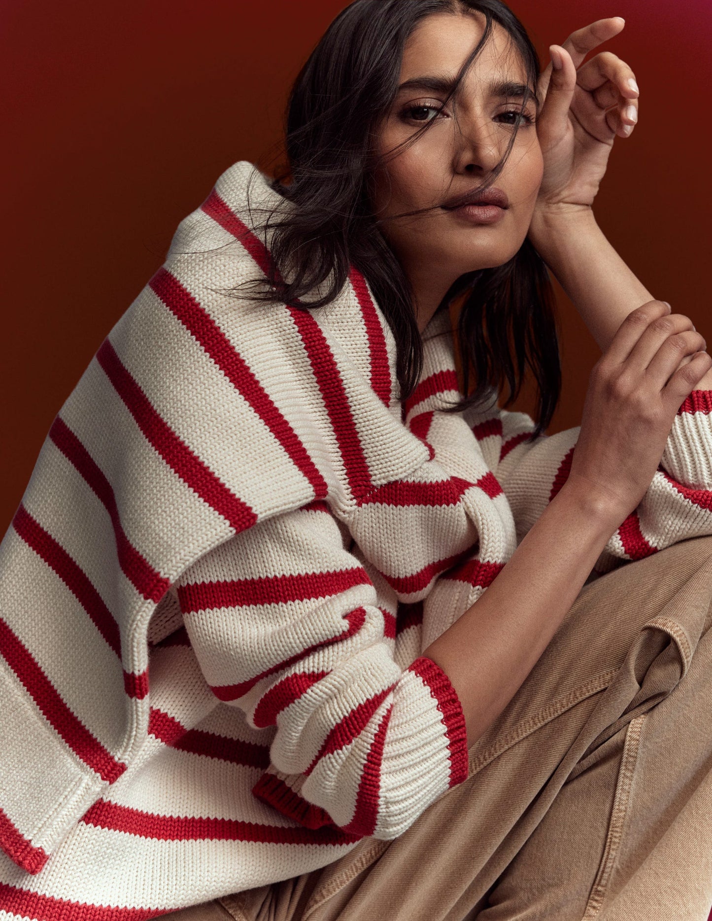 Lucy Oversized Cotton Jumper-Ivory, Red Stripe