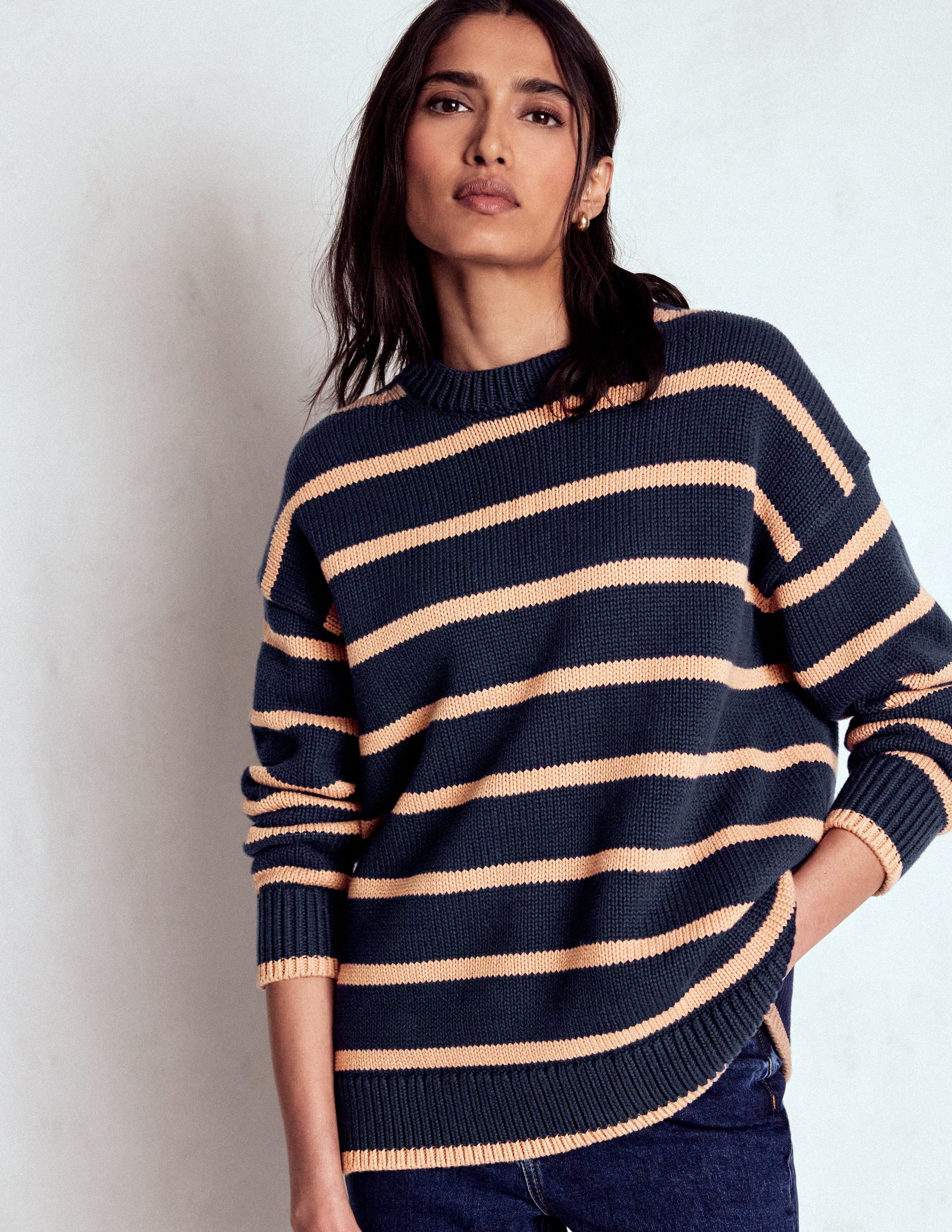 Lucy Oversized Cotton Jumper-Navy/ Camel Melange-4