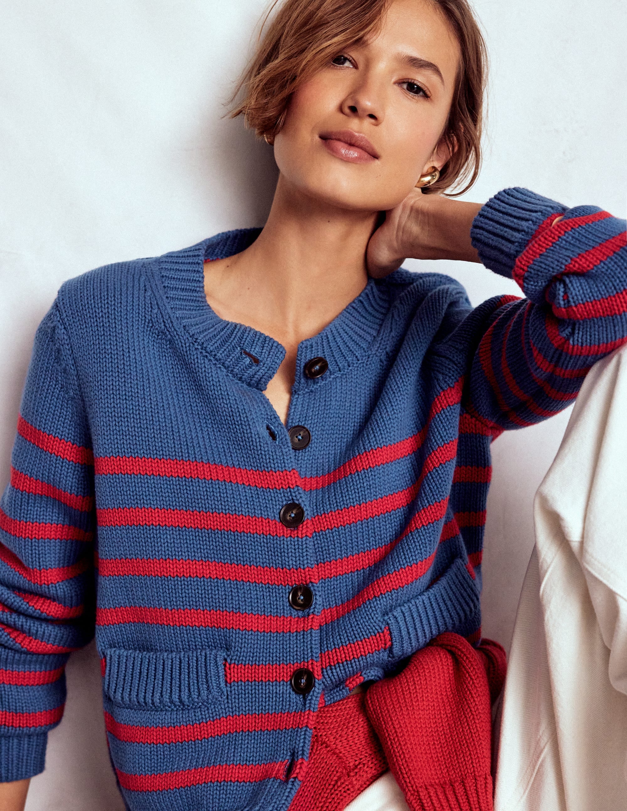Lucy Chunky Cotton Cardigan-Soft Navy and Red Stripe - Image 3