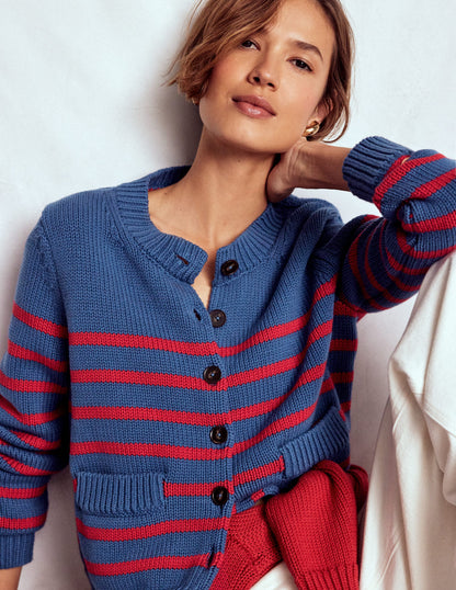 Lucy Chunky Cotton Cardigan-Soft Navy and Red Stripe-3