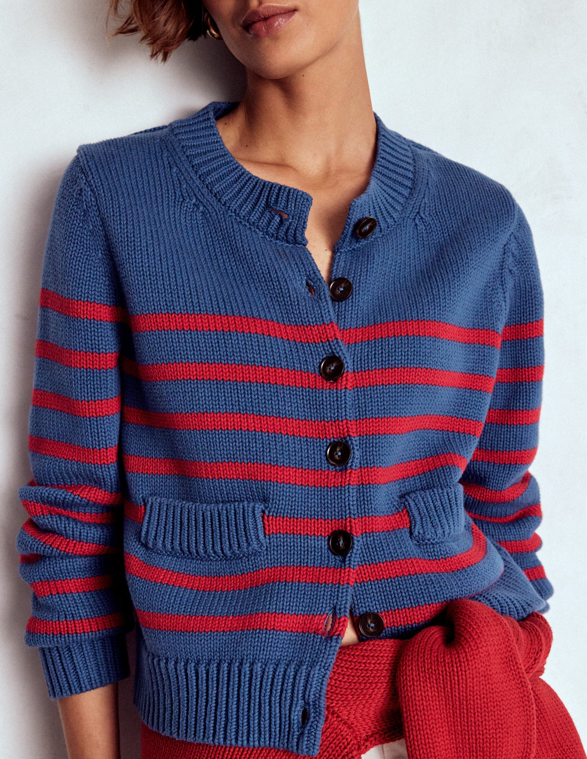Lucy Chunky Cotton Cardigan-Soft Navy and Red Stripe-4