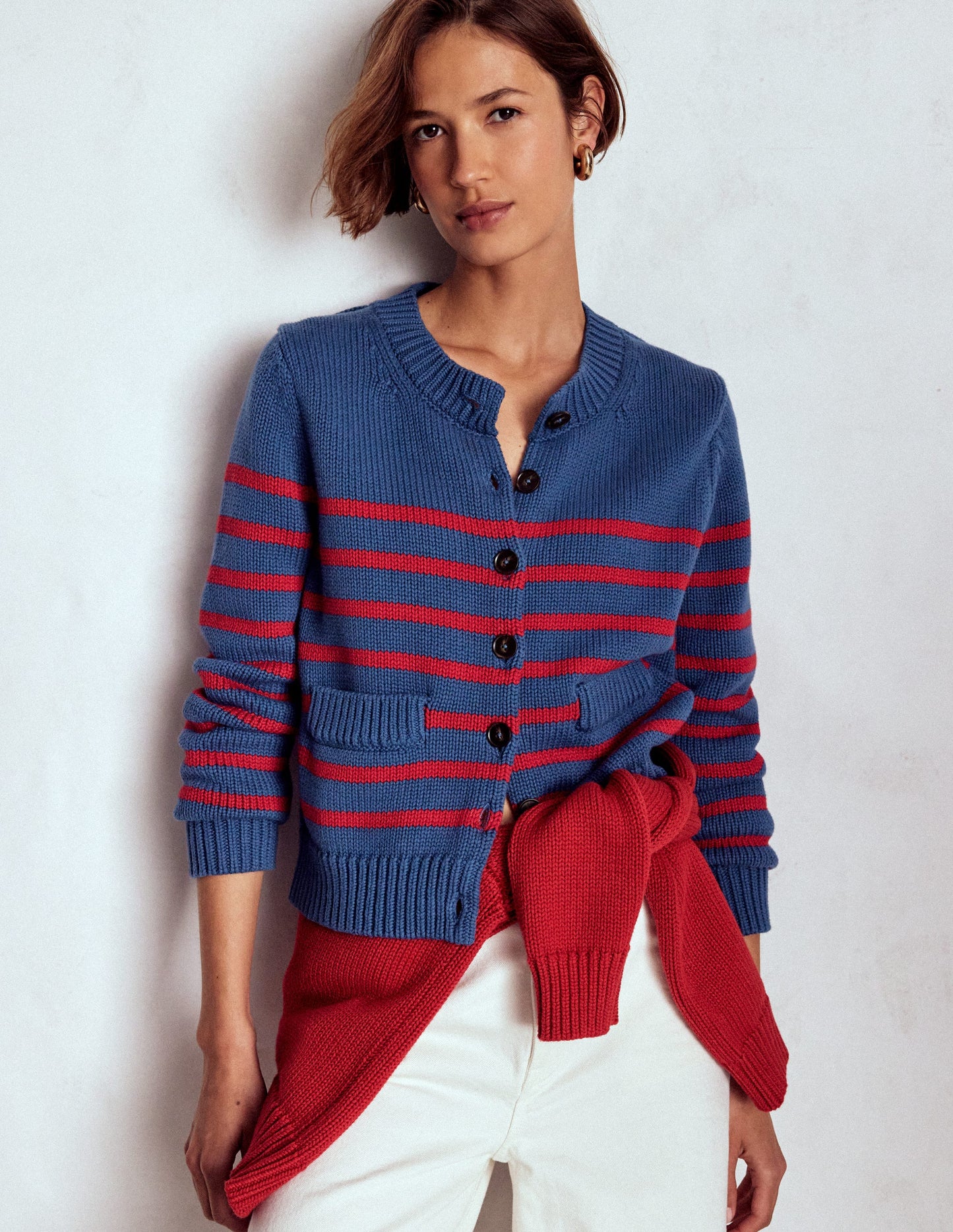 Lucy Chunky Cotton Cardigan-Soft Navy and Red Stripe