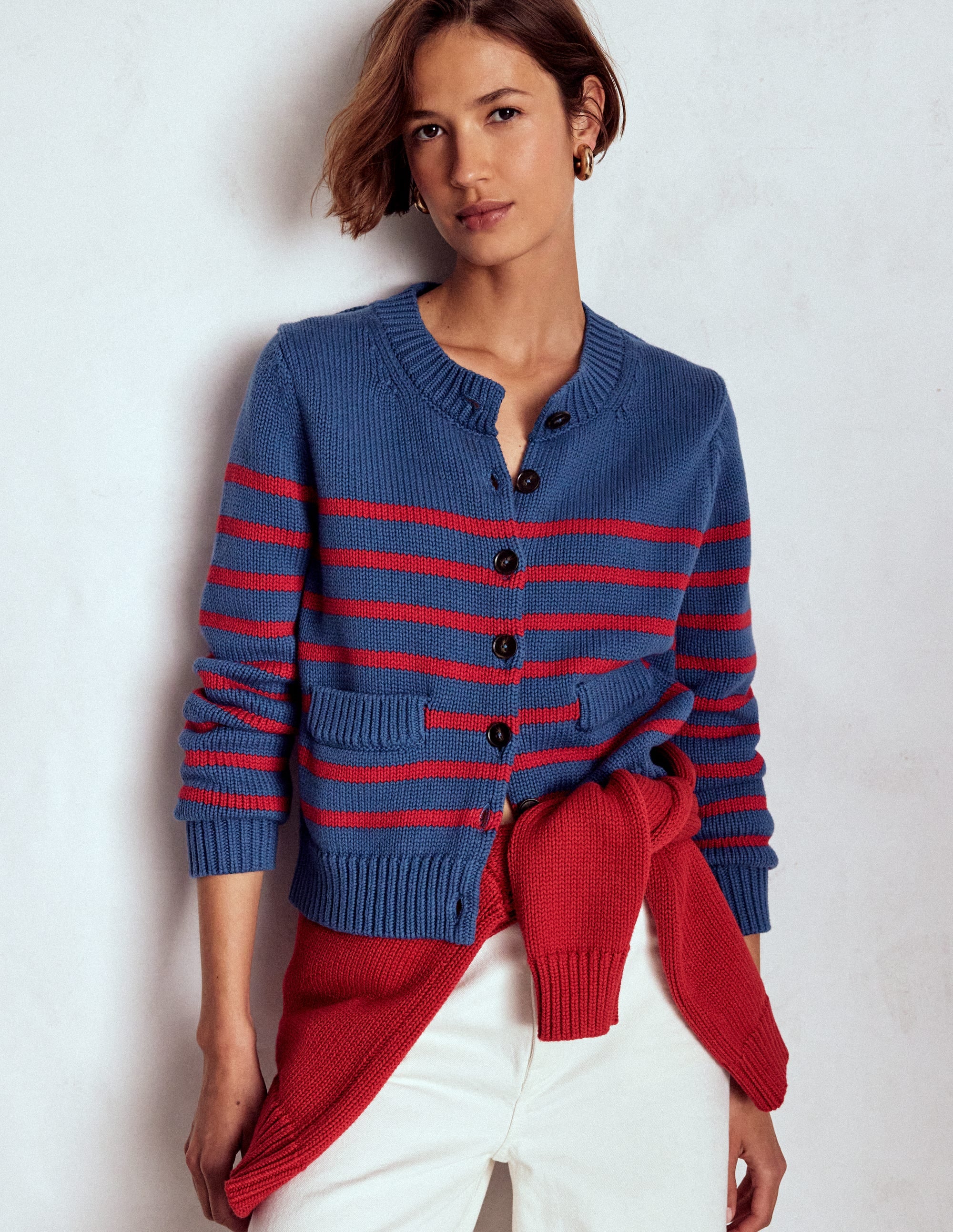 Lucy Chunky Cotton Cardigan-Soft Navy and Red Stripe - Image 7