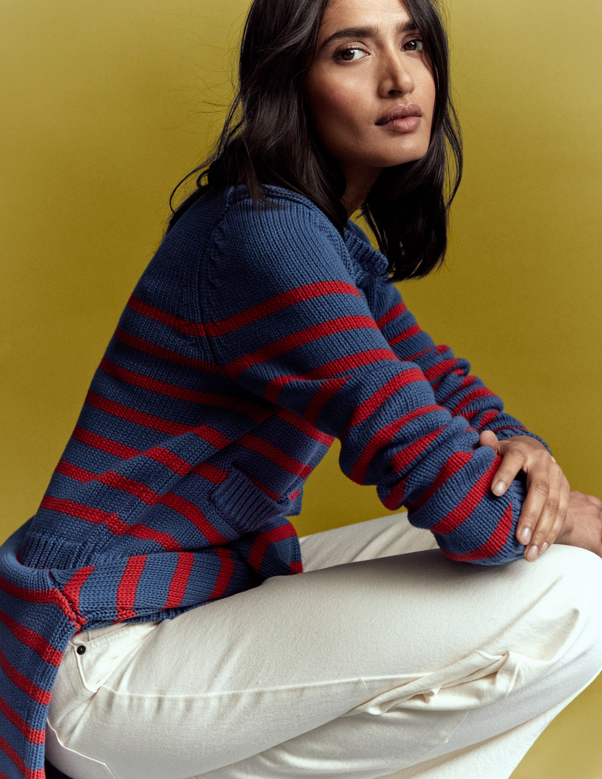 Lucy Chunky Cotton Cardigan-Soft Navy and Red Stripe - Image 1