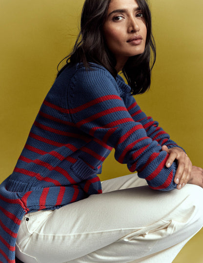 Lucy Chunky Cotton Cardigan-Soft Navy and Red Stripe-1