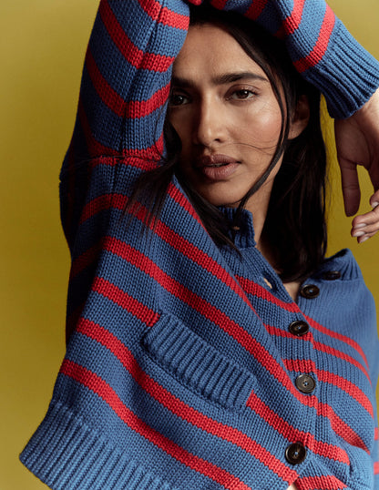 Lucy Chunky Cotton Cardigan-Soft Navy and Red Stripe-2