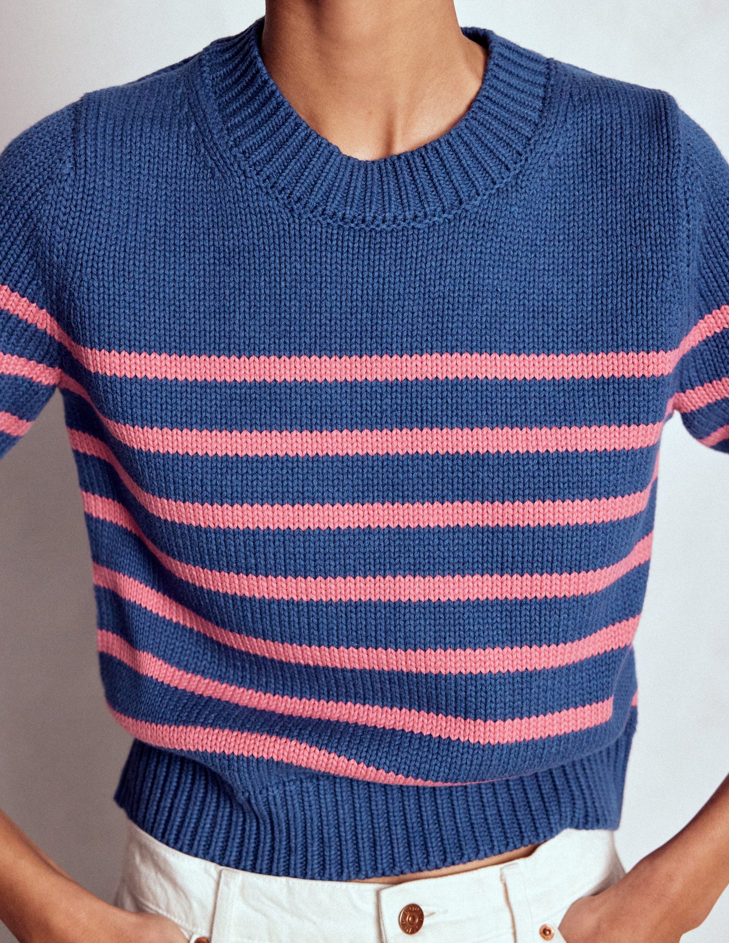Lucy Chunky Cotton Jumper-Blue, Pink Stripe