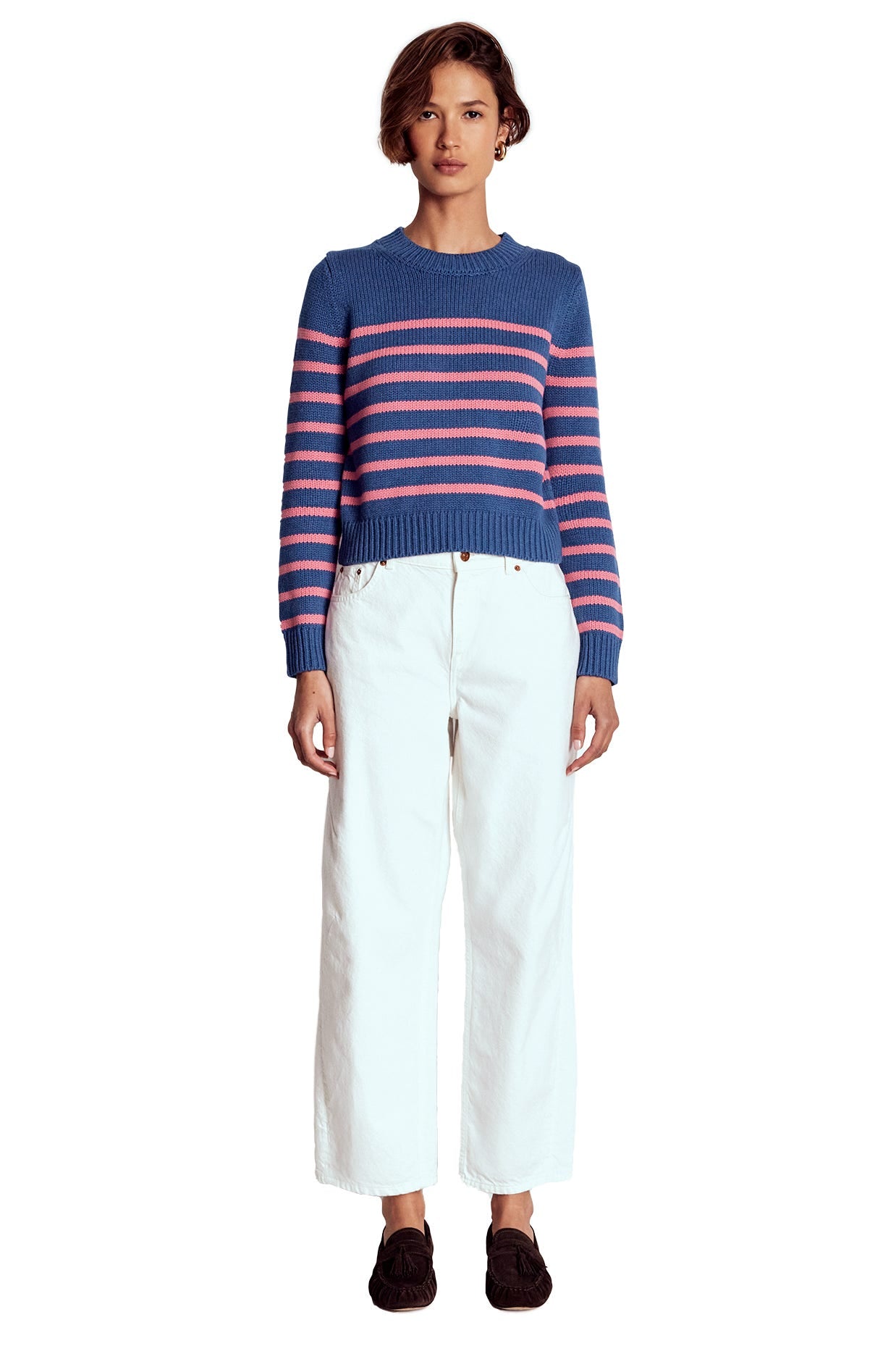Lucy Chunky Cotton Jumper-Blue, Pink Stripe