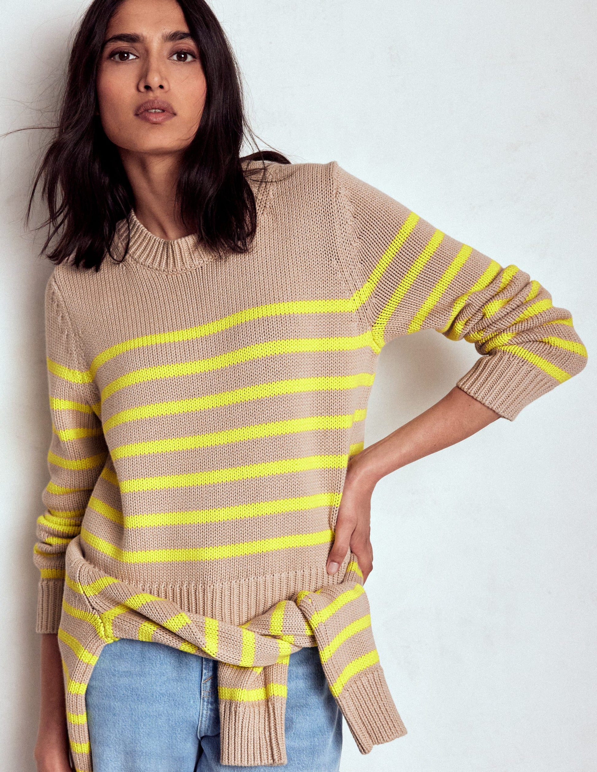 Lucy Chunky Cotton Jumper-Camel Melange, Neon Stripe-3