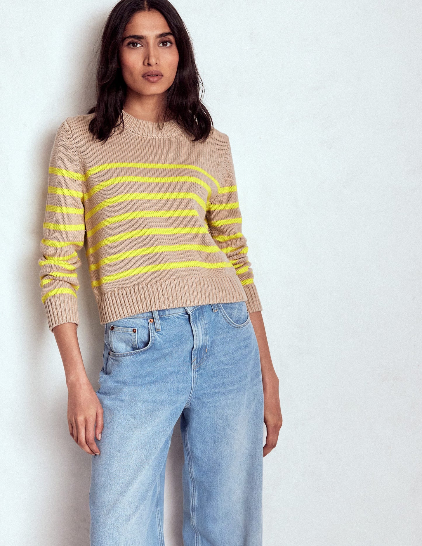 Lucy Chunky Cotton Jumper-Camel Melange, Neon Stripe