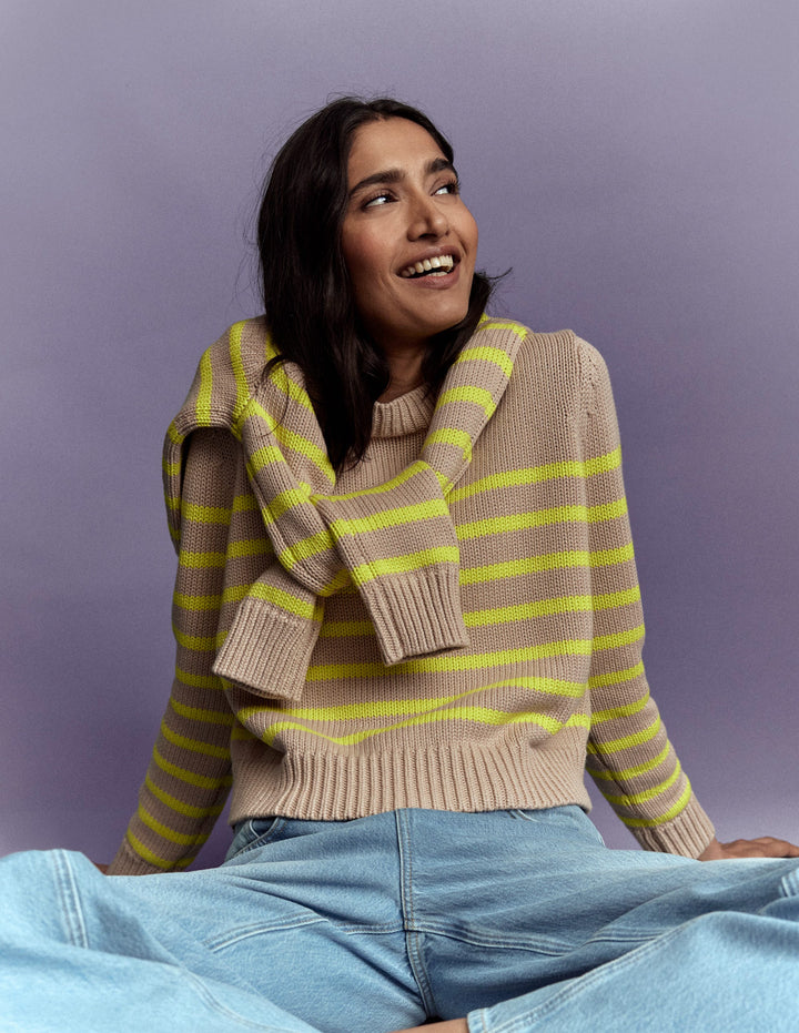 Lucy Chunky Cotton Jumper-Camel Melange, Neon Stripe