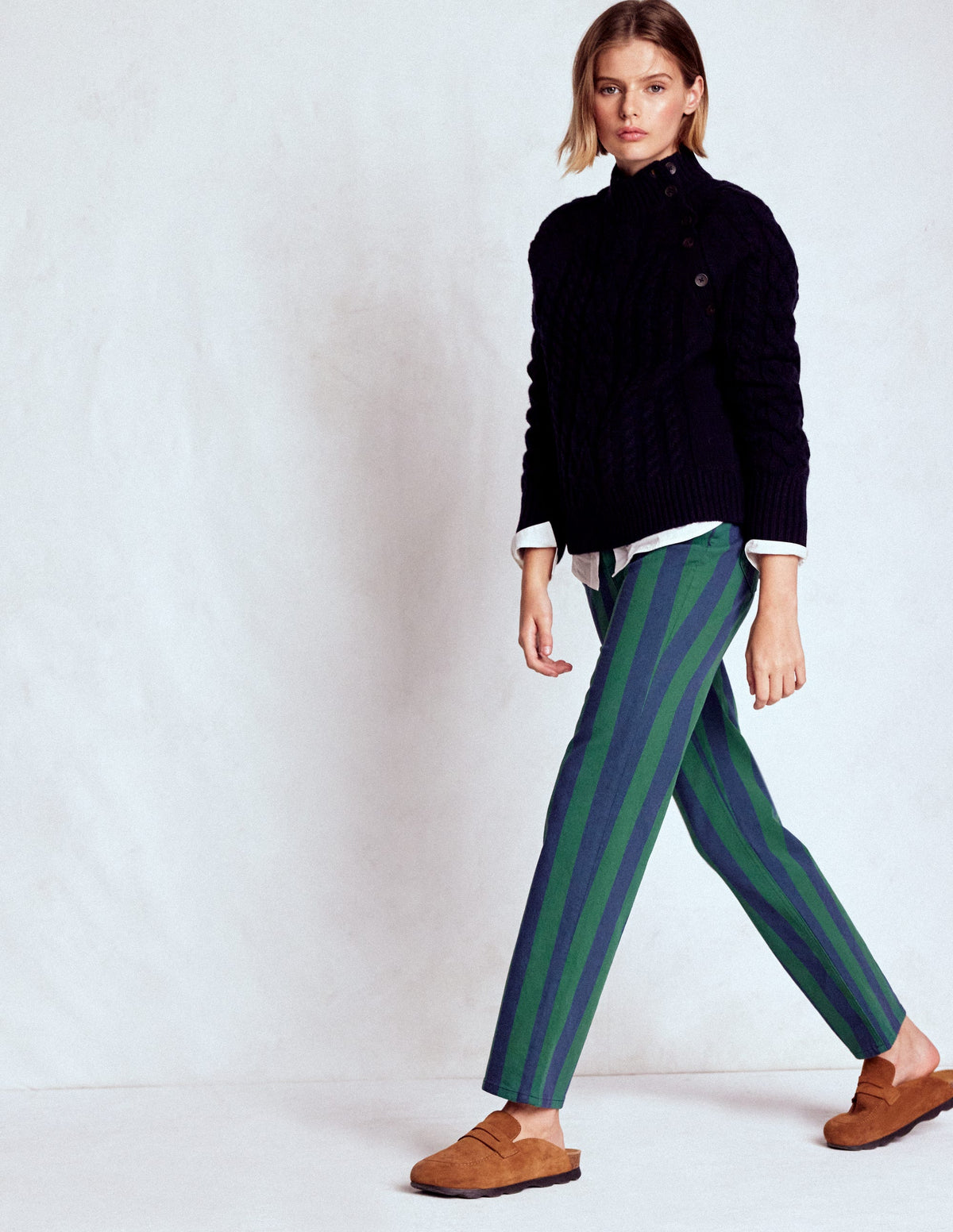 High Rise Stripe Jeans-Green and Navy Stripe - Image 1
