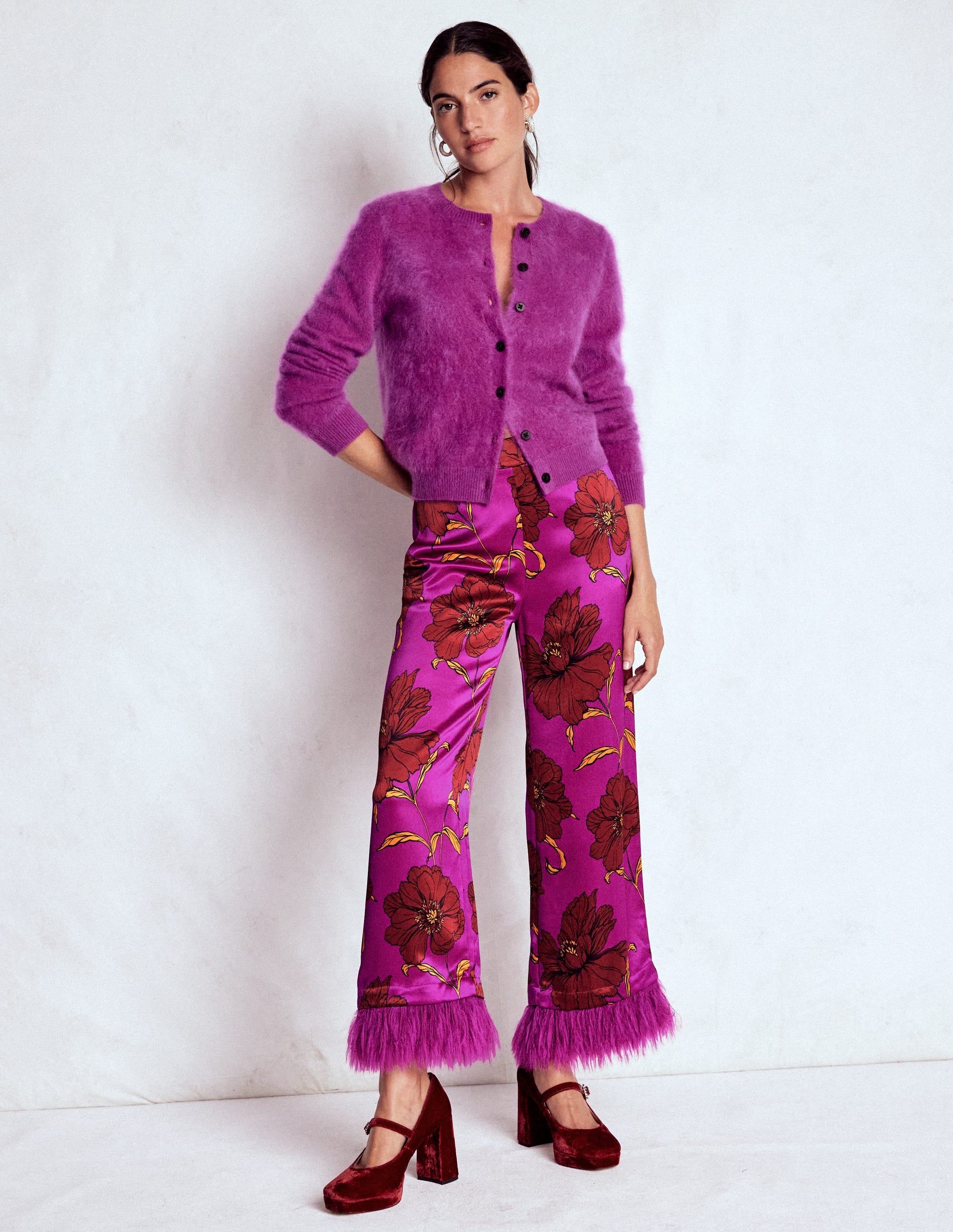 Feather Trim Trousers-Regal Purple, Peony Bloom - Image 1