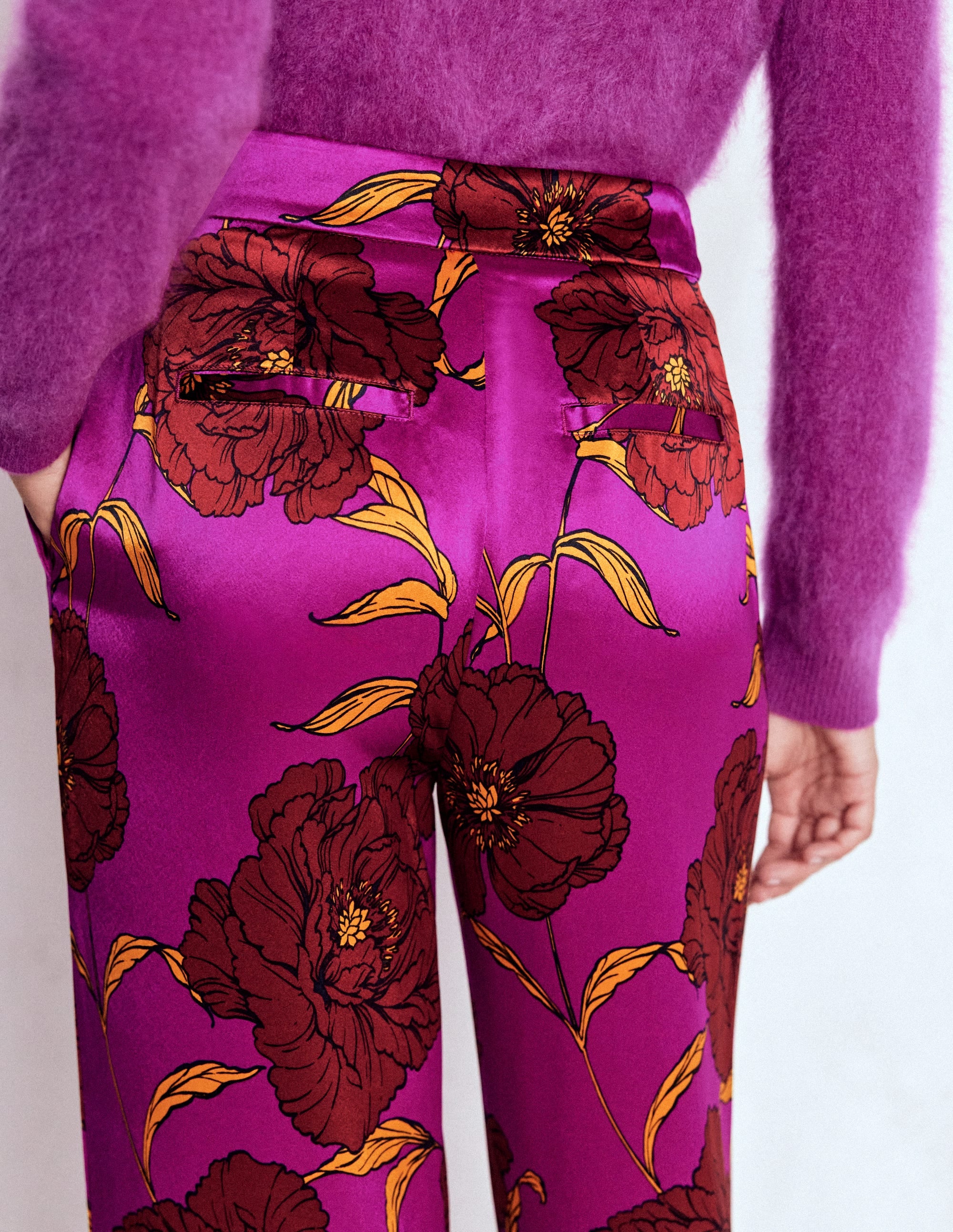 Feather Trim Trousers-Regal Purple, Peony Bloom - Image 2